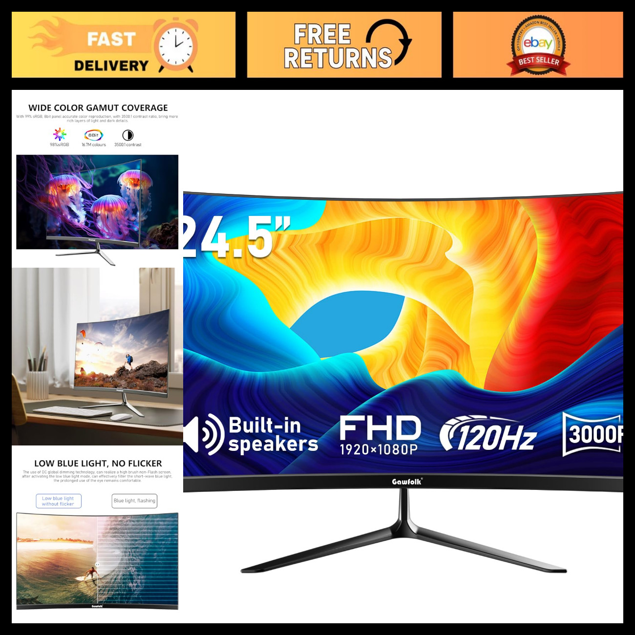 24.5" Curved Gaming Monitor 3000R 120Hz Full HD 1080P PC Screen - Immersive Disp