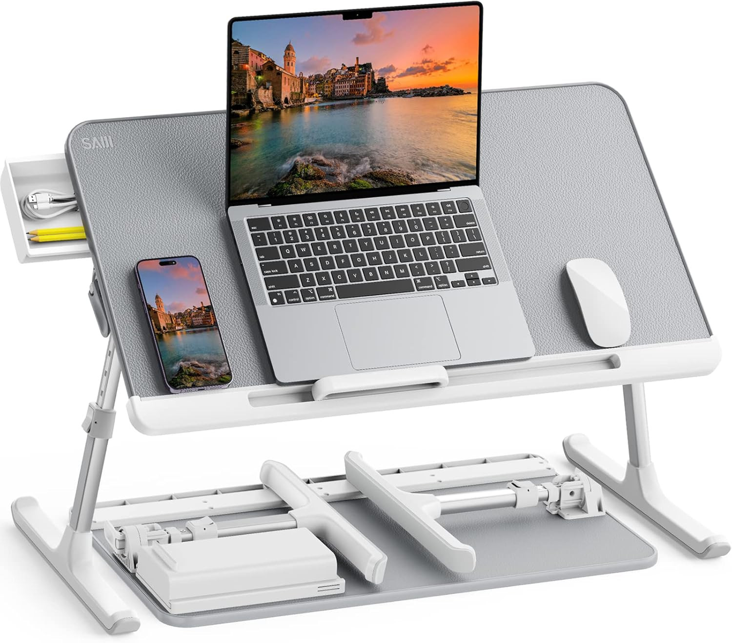 Mesa de cama para portatil ajustable de cuero y PVC Escritorio de pie portatil 