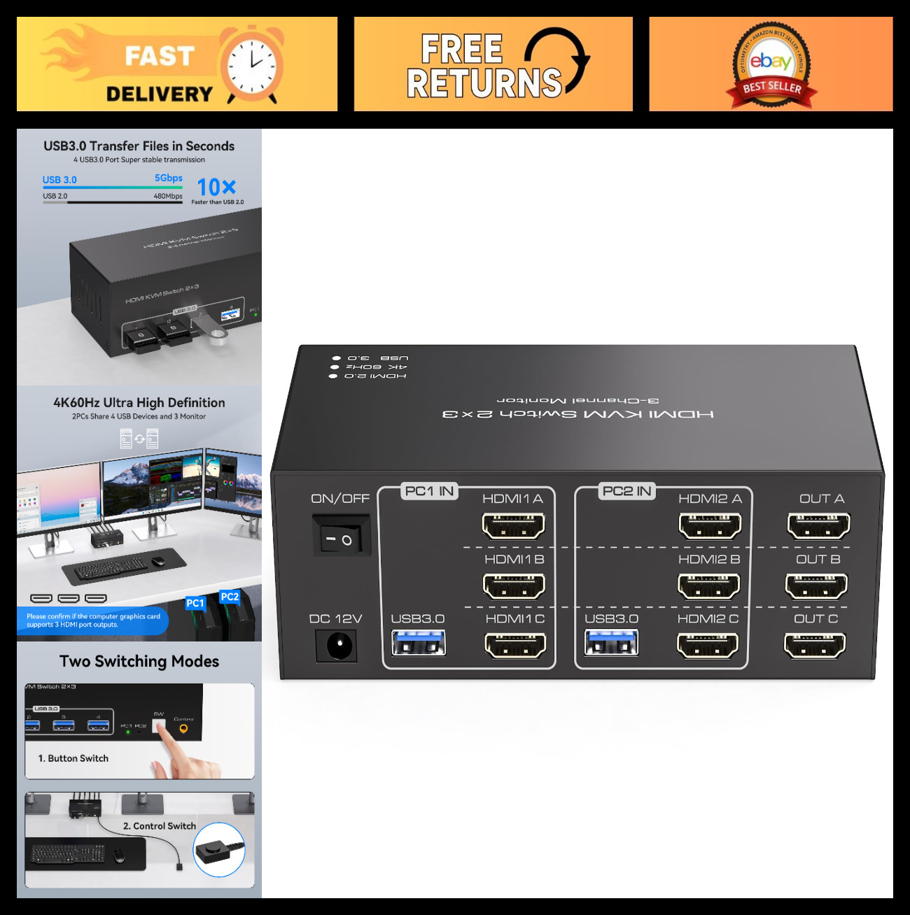3 Monitor HDMI KVM Switch for 2 PCs, 4K@60Hz, 4 USB 3.0 Ports, Extended & Copy M