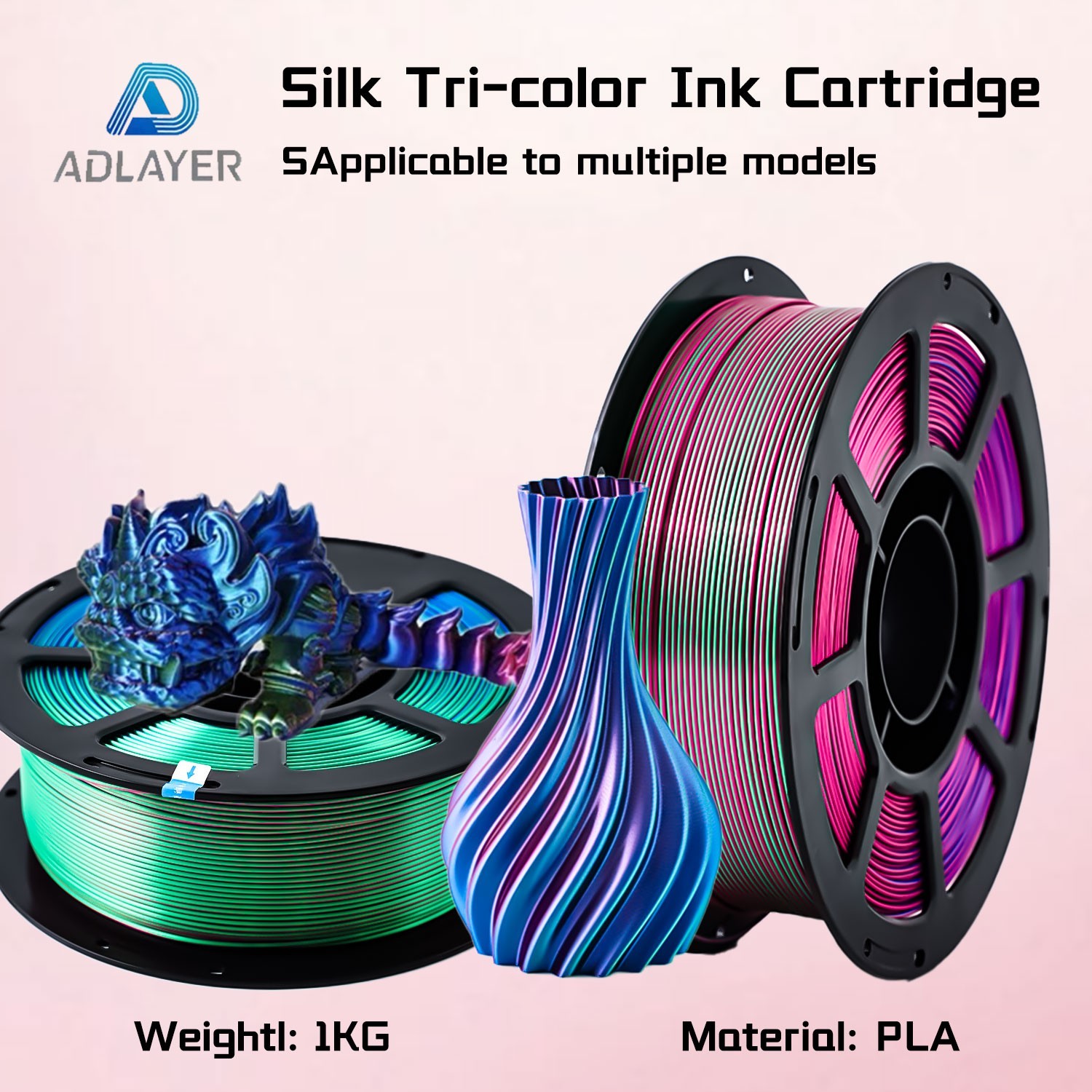 Silk Tri-Color PLA Filament 1.75mm 1Kg,Silk Red Blue Green 3 in 1 Multi Color