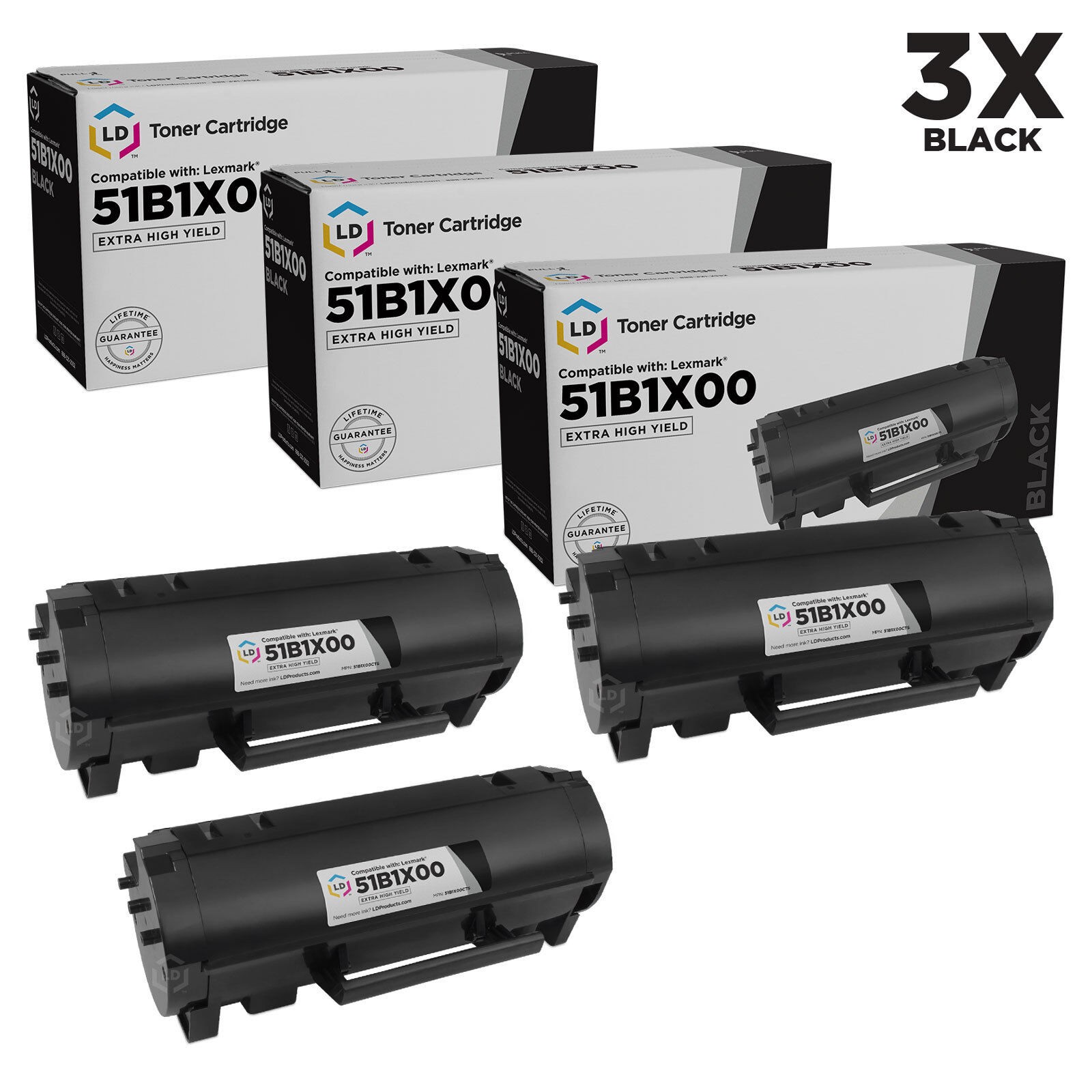 LD Compatible Lexmark 51B1X00 Extra High Yield Black Toner Cartridges 3-Pack