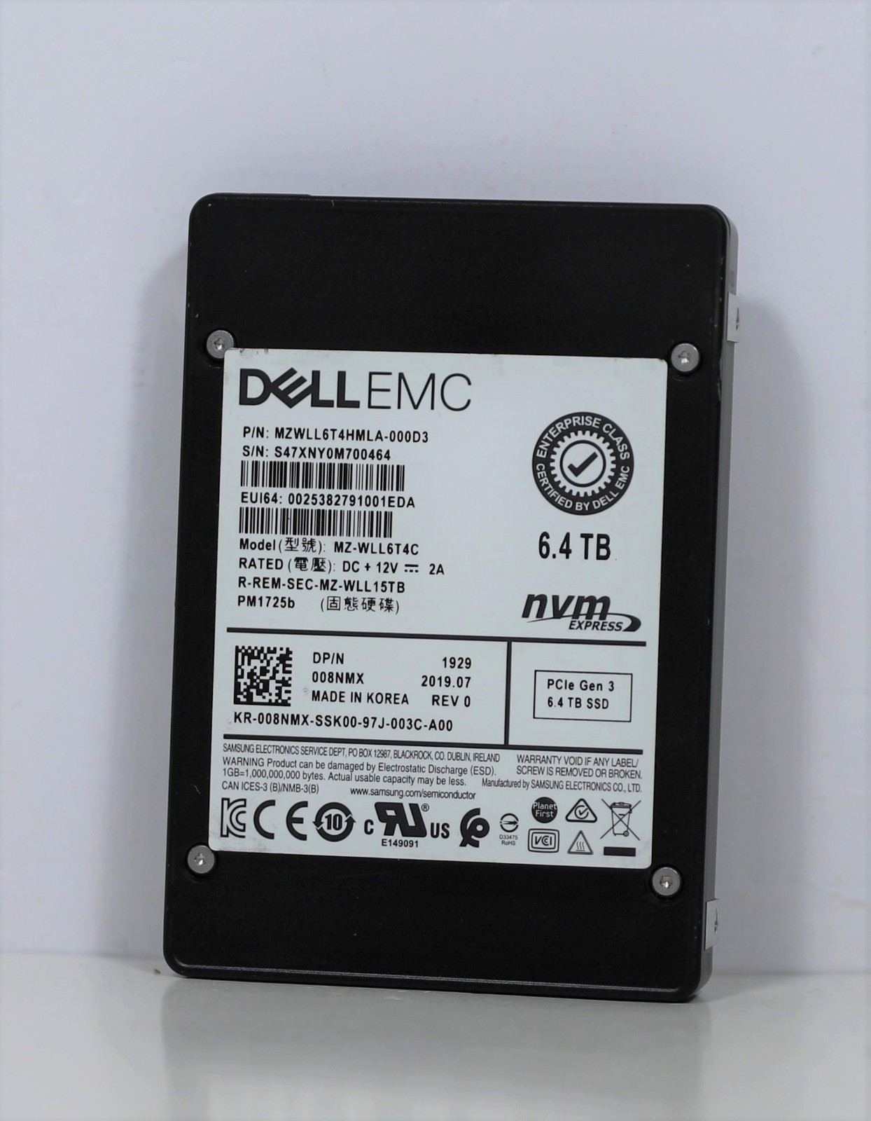 Dell EMC 6.4TB Samsung PM1725 PCIe Gen3 x8 2.5" NVMe SSD 08NMX MZ-WLL6T4C