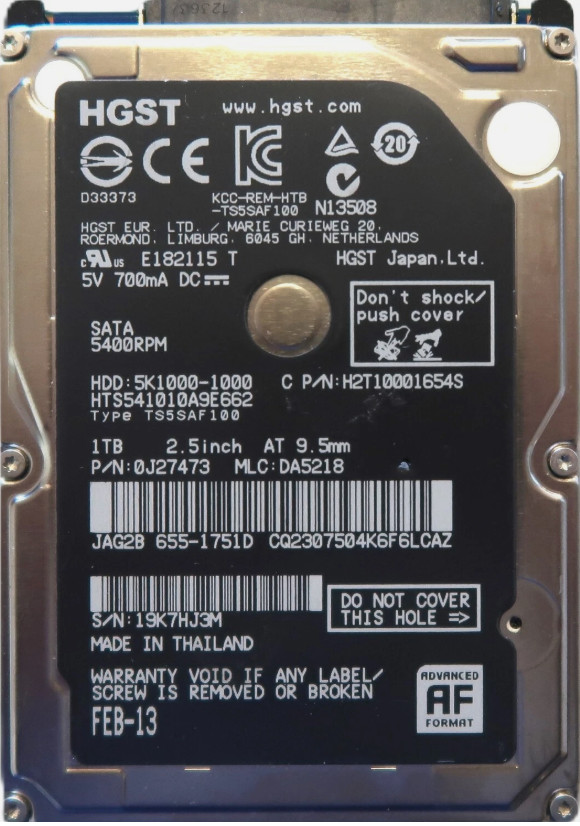 HGST Travelstar 1TB 2.5" Laptop HDD 5400RPM HTS541010A9E662 0J27473 SATA 6Gb/s