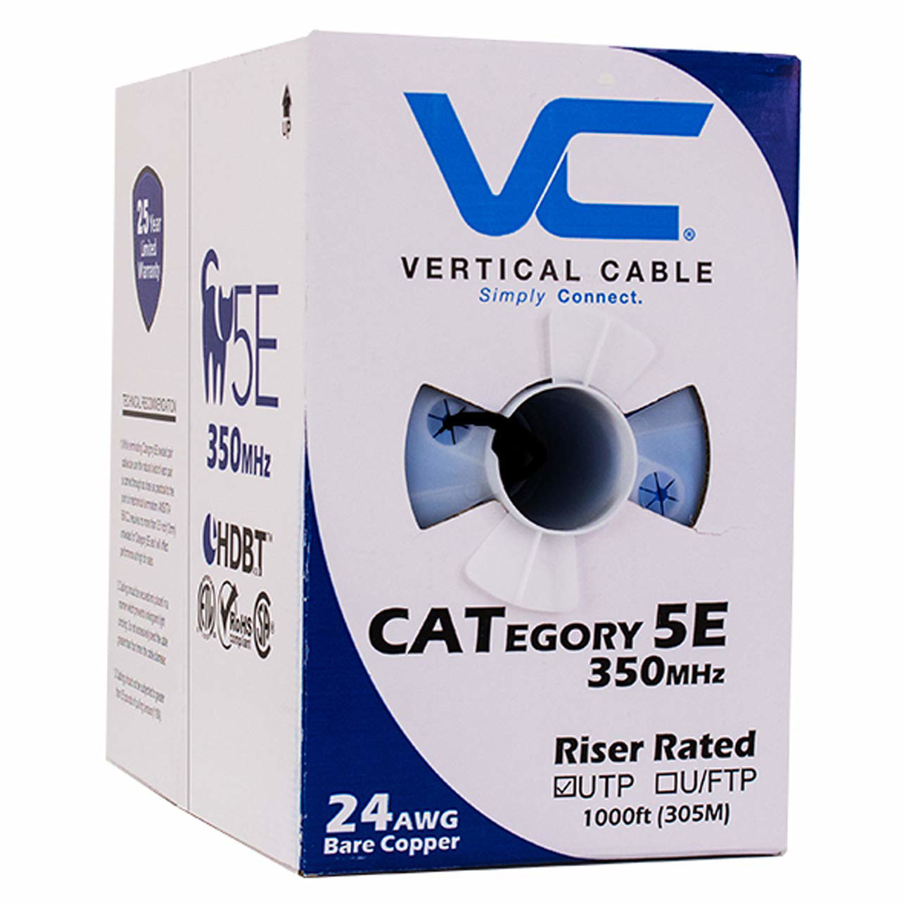 Vertical Cable Cat5e, 350 MHz, UTP, 24AWG, 8C Solid Bare Copper, 1000ft, Black,