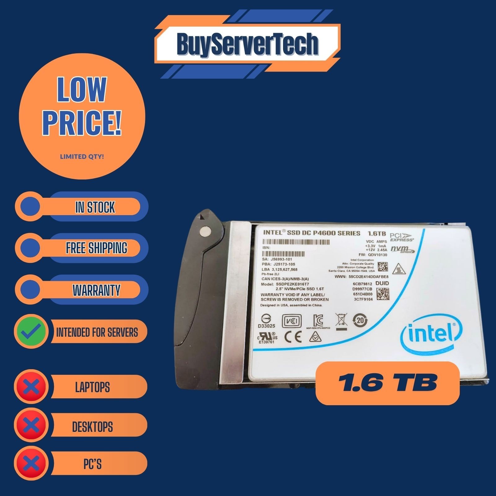 Intel DC P4600 Series SSDPE2KE016T7 1.6TB PCIE3.0 NVME U.2 2.5in SSD