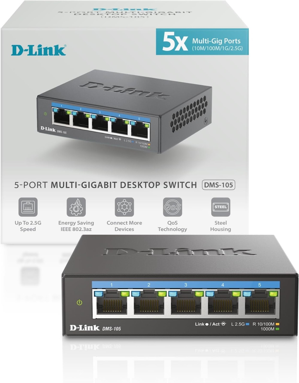 D-Link 5-Port 2.5GB Unmanaged Gaming Switch with 5 x 2.5G - Multi-Gig, Networ...