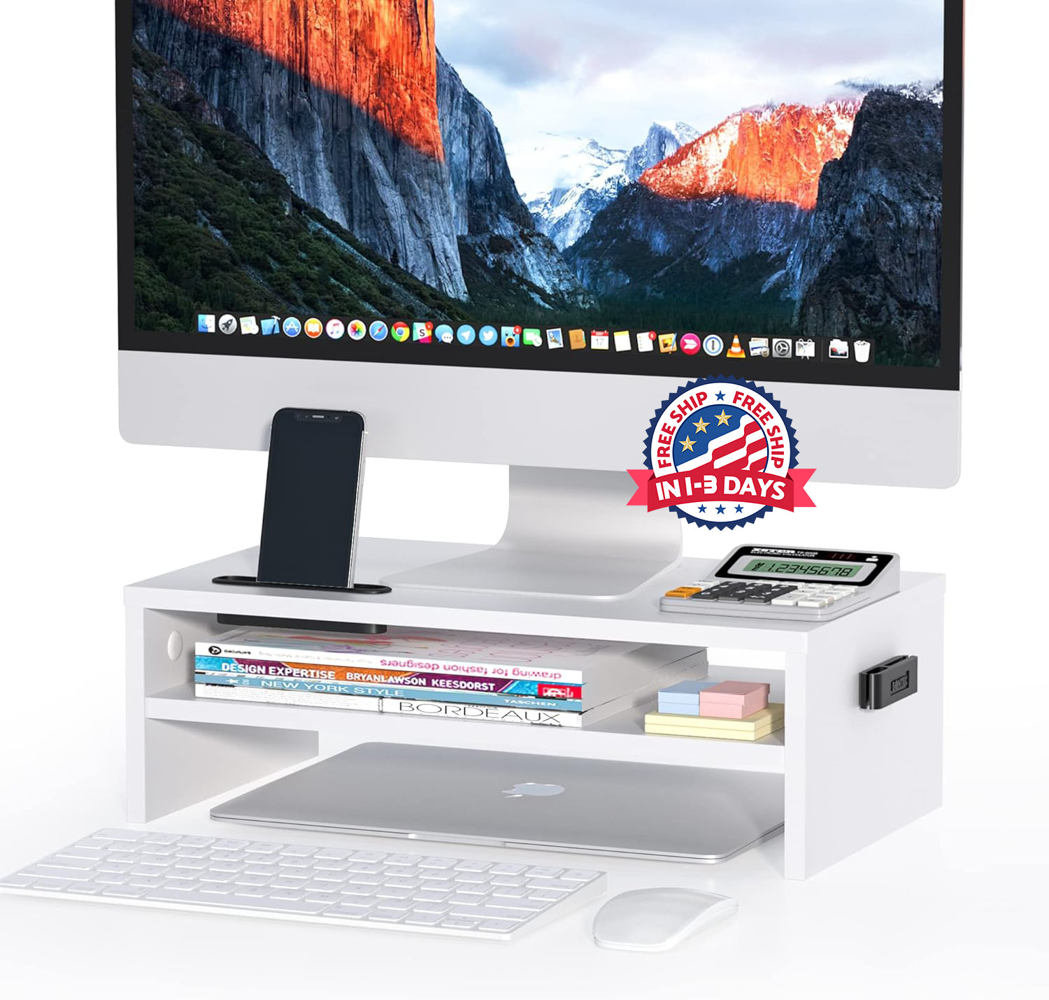 Soporte de monitor de madera, estante de escritorio de 2 niveles