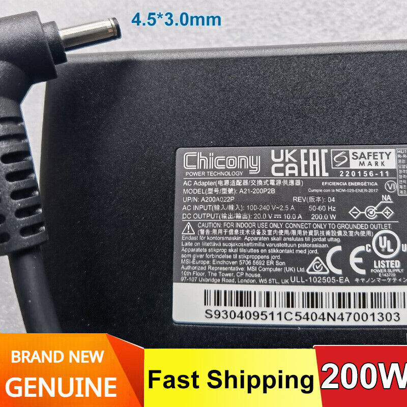 A21-200P2B New Original Genuine MSI 20V 10A 200W Power Adapter 4.5*3.0 Interface