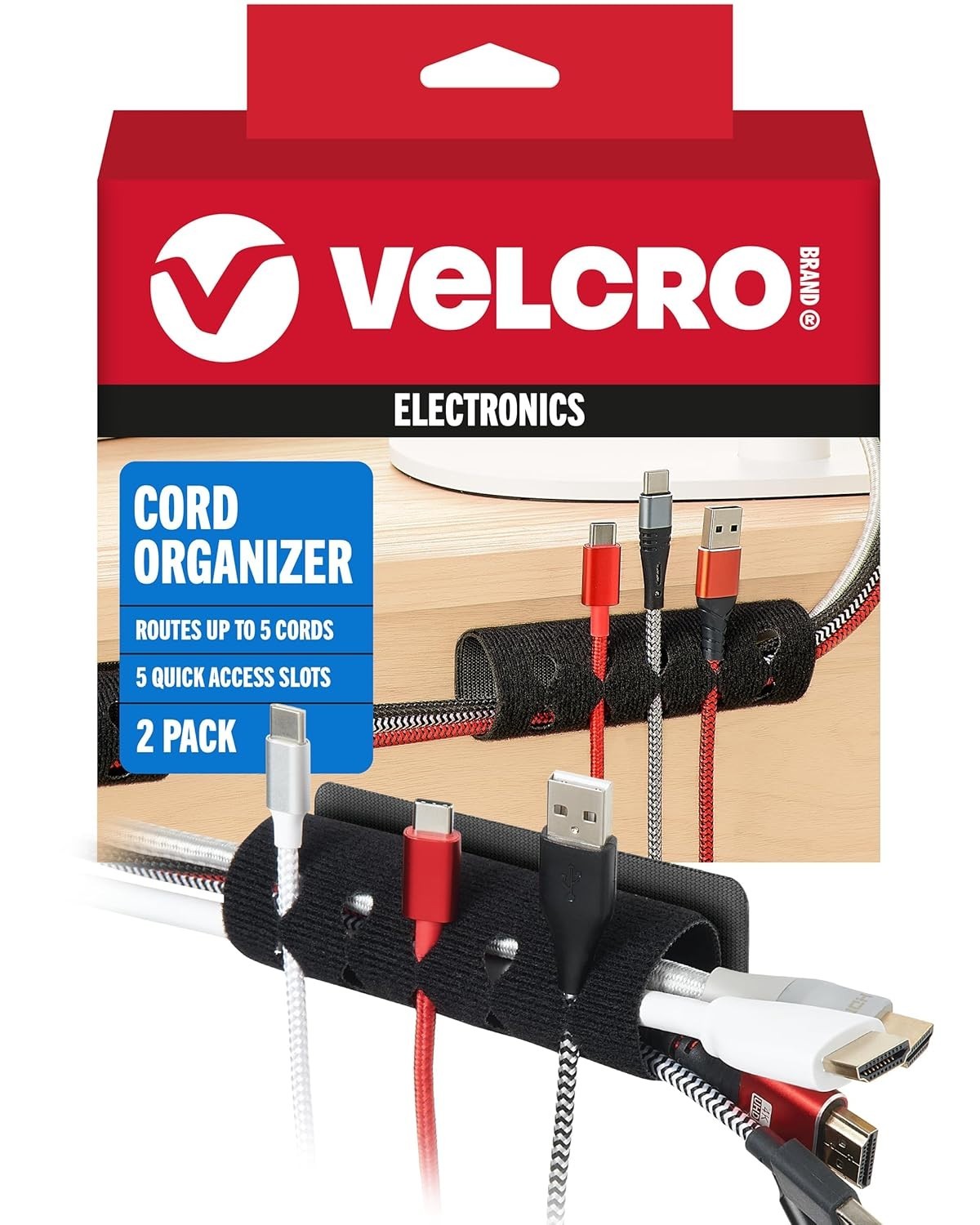 Velcro Brand Cord Organizer for Desk & Nightstand, Cord Management, Black, 2 pcs