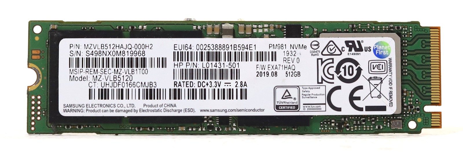 Samsung MZ-VLB5120 PM981 512GB M.2 2280 PCIe Gen3 x4 NVMe SSD HP P/N: L01431-501