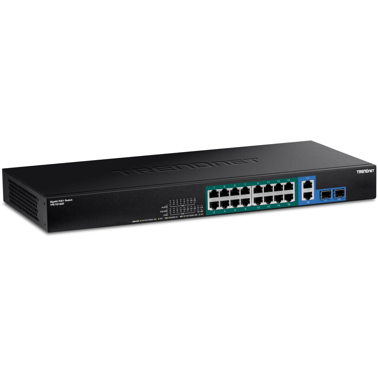 TRENDnet 18-Port Gigabit PoE+ Switch, TPE-TG182F, 16 x Mixed, Black