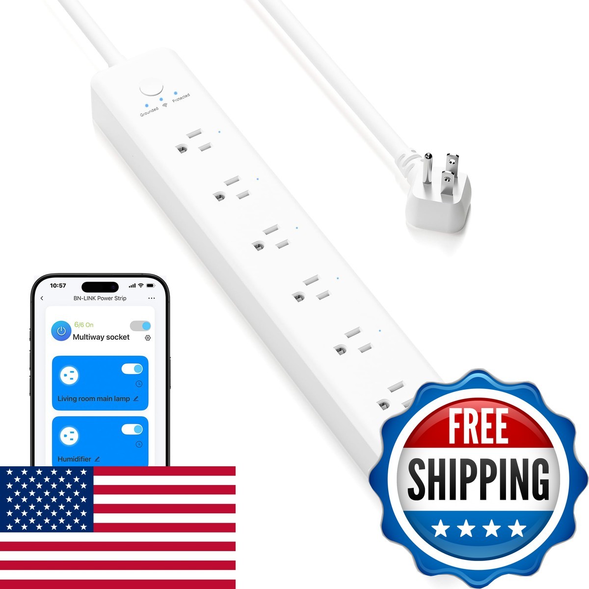 BN-LINK U160WT Smart Power Strip Surge Protector 6 Outlets 4 USB (20W USB-C)