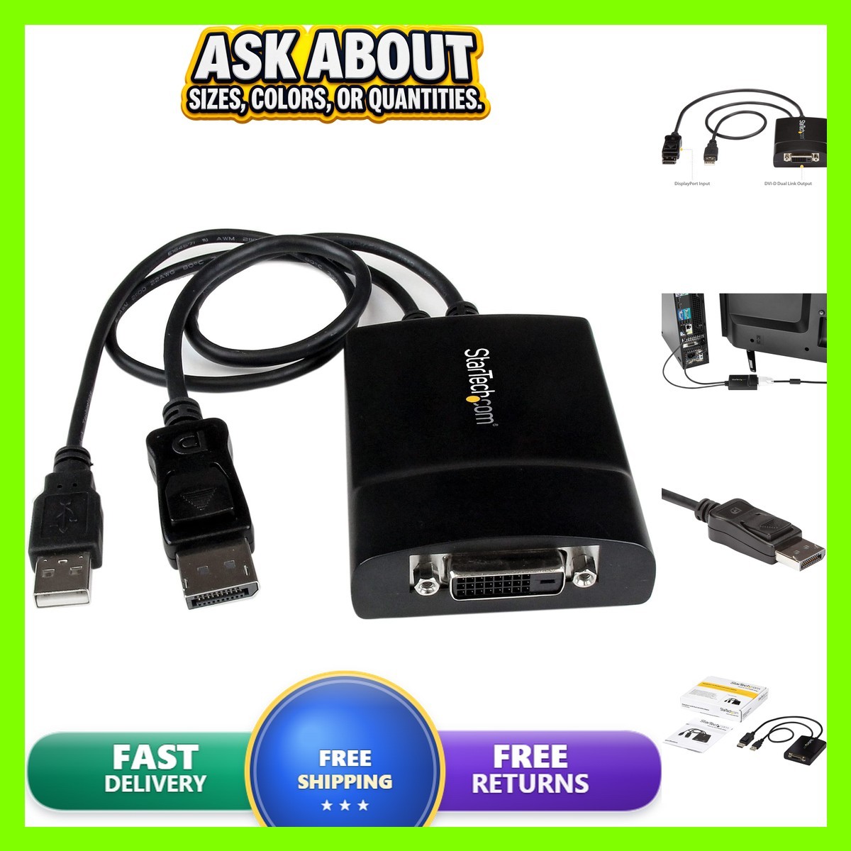 StarTech Active DisplayPort to DVI-D Adapter, 2560x1600 60Hz (DP2DVID2)