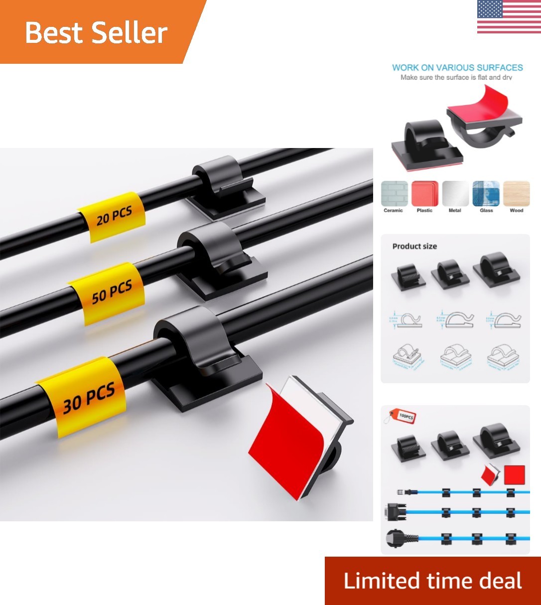 Black Adhesive Cable Holders - 100 PCS, Perfect for Neat Cable Management