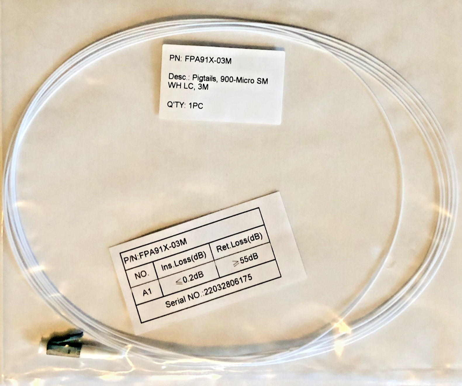 Fiber Optic Pigtail Single Mode FPA91X-03M 900um SM WH LC 3M Lot 16 Data Center