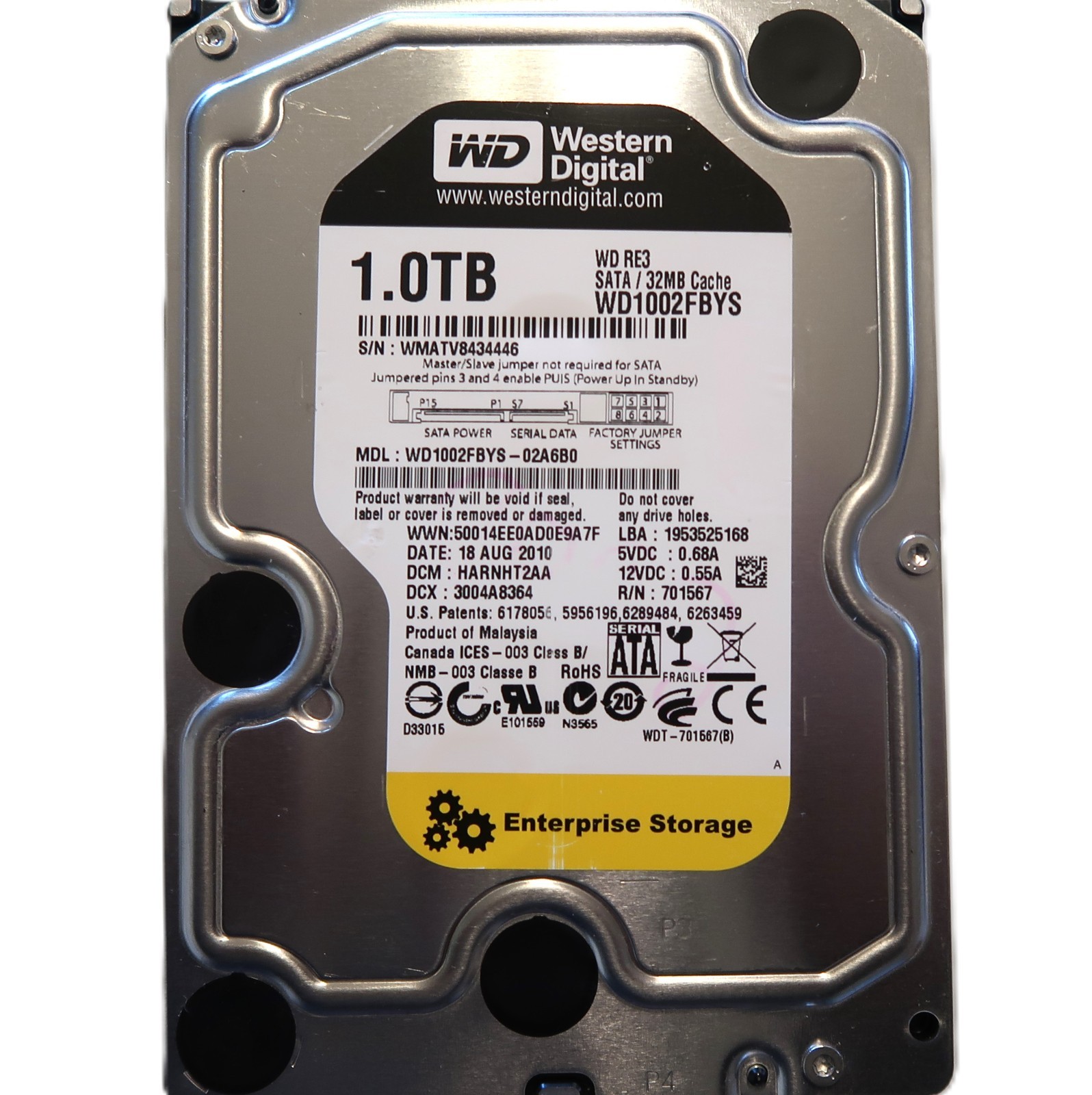 WD WD1002FBYS-02A6B0 DCM:HARNHT2AA (WMAT) Malaysia 3.5" 1TB Sata HDD AUG/2010