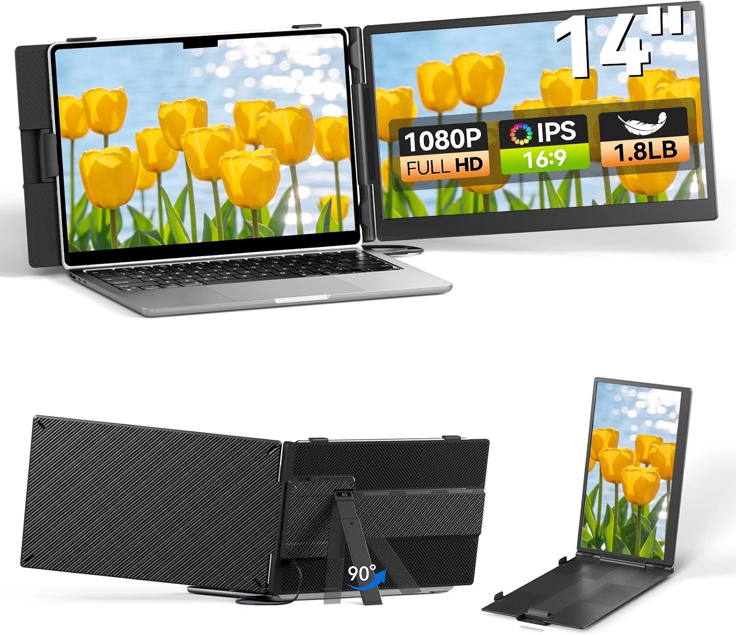 DZVW 14" FHD 1080P Portable Laptop Screen Extender IPS USB-C HDMI Black New