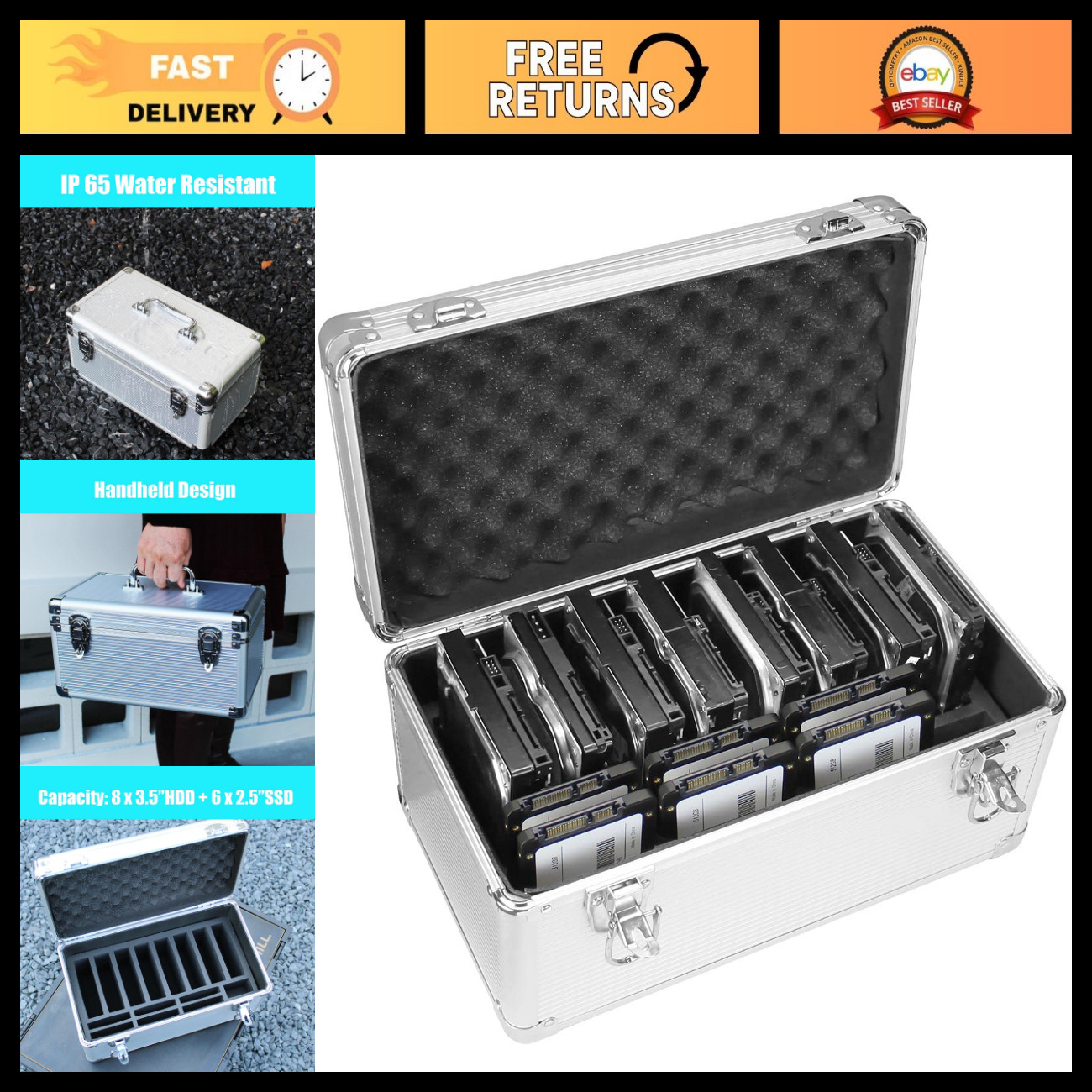 14-Slot Portable HDD Storage Box for 2.5/3.5 Inch Hard Drives, IP65 Water Resist