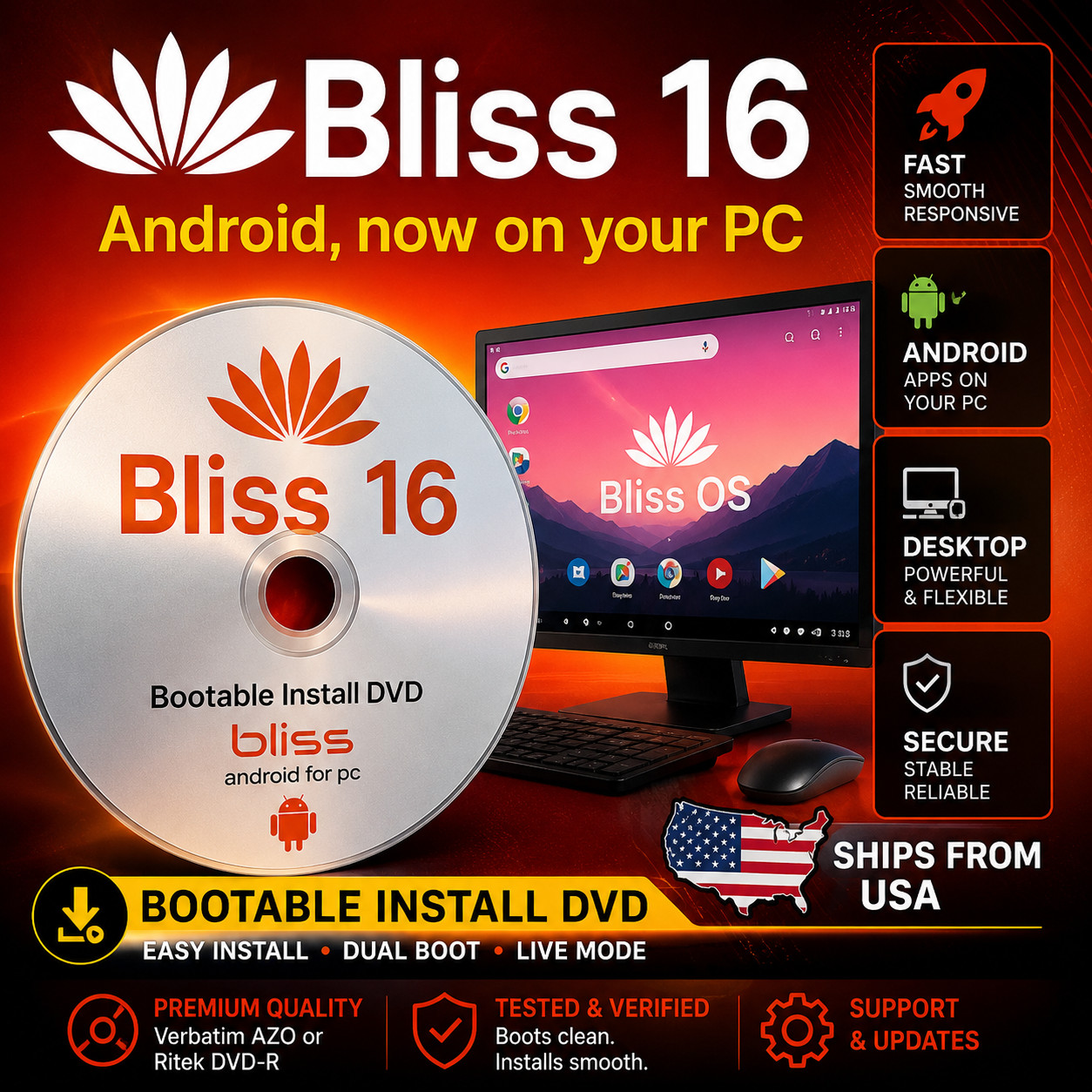 Bliss OS 16 Android 13 for PC Bootable Install DVD 64-Bit Android-x86