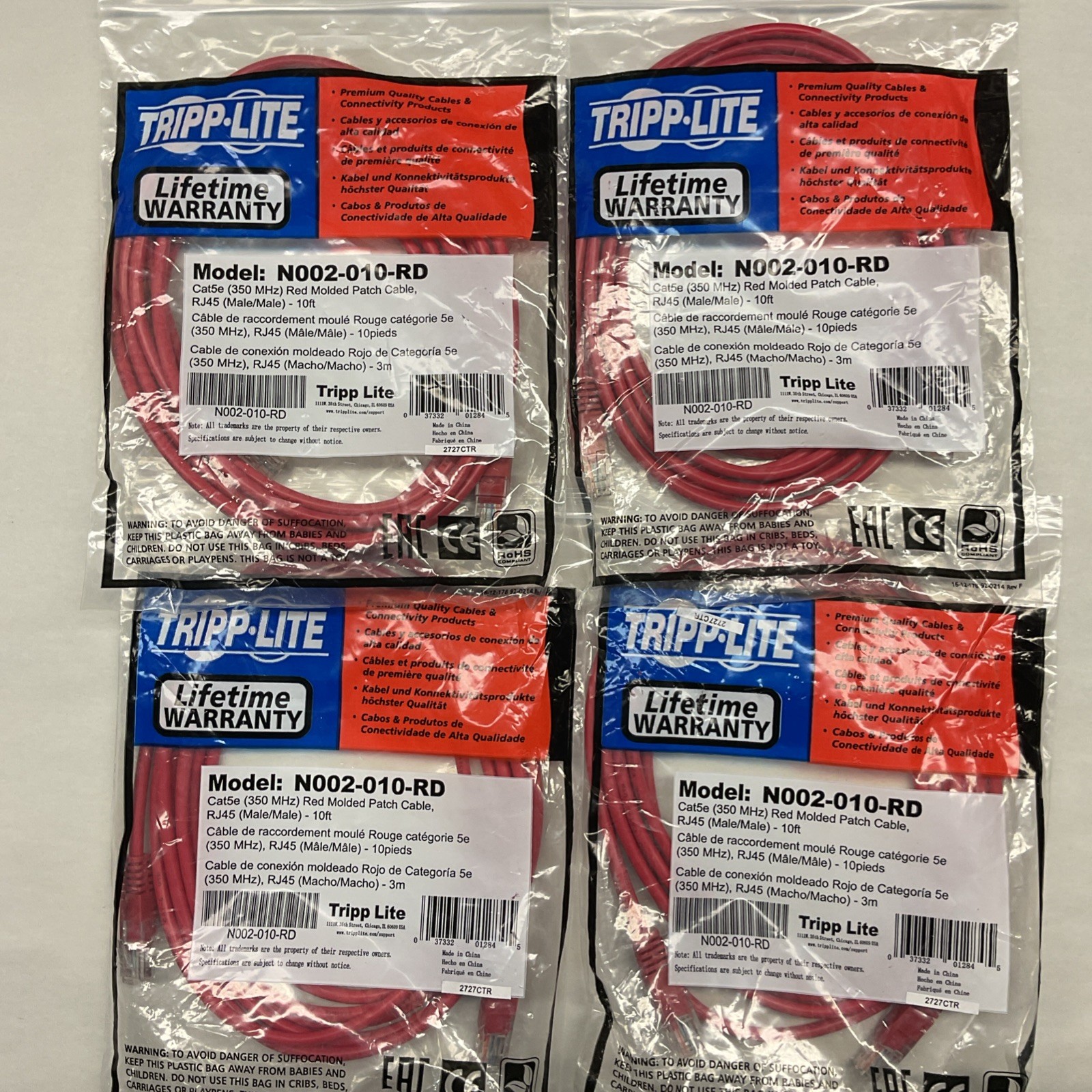 LOT OF 4 Tripp Lite Cat5e Red Molded Patch Cable RJ45 10 ft 3m N002-010-RD