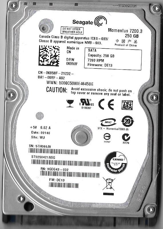 Seagate ST9250421ASG 250GB Sata Hard Drive P/N: 9GEG43-032 F/W: DE13  5TH  WU