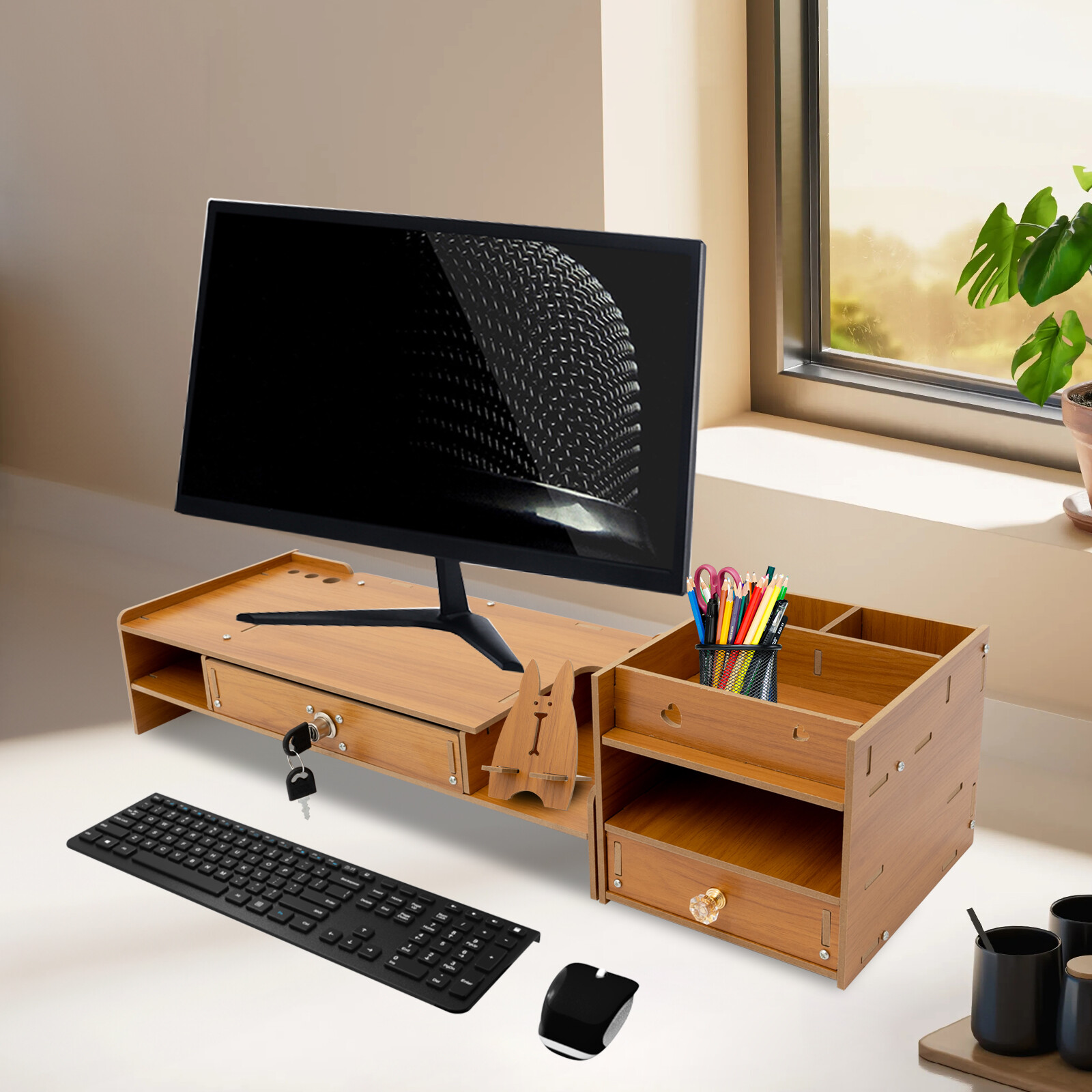Ergonomic Desktop Monitor Stand with Storage and Adjustable Height