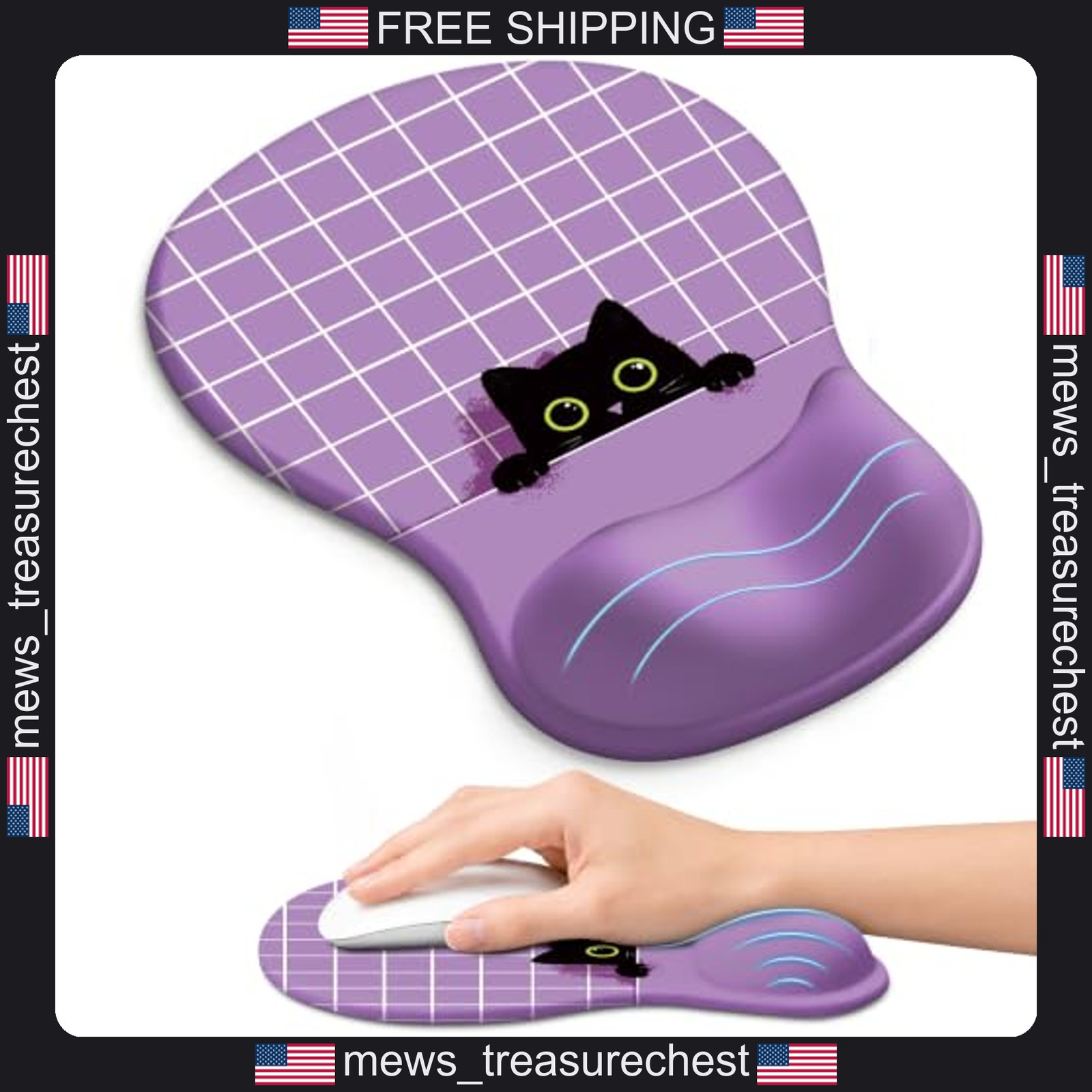 Ergonomic Mouse Pad with Wrist Rest, Gel Support, 10.2 x 7.6 Inches, Purple Cat