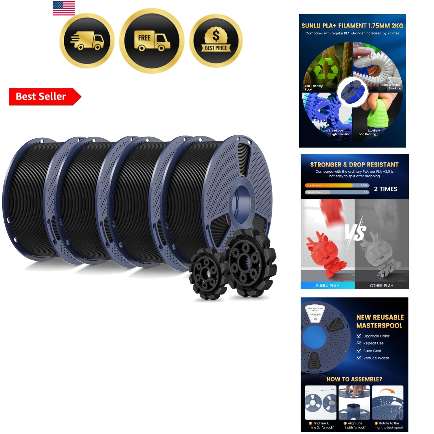 PLA+2.0 3D Printer Filament Bundle, 4KG Upgrade PLA+ Filament 1.75mm, Tougher...