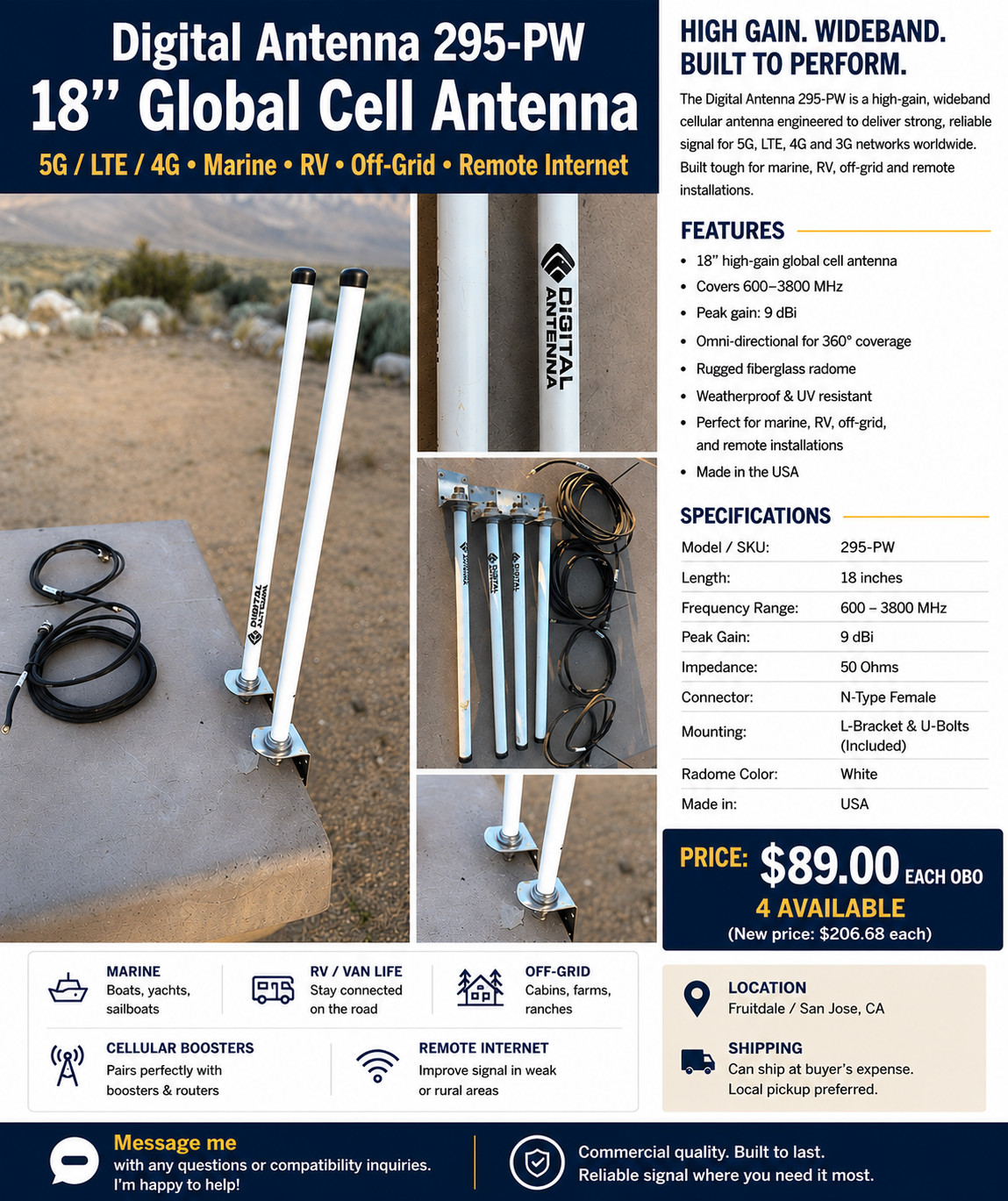 Digital Antenna 295-PW 18" 5G LTE Cellular Marine RV Antenna 9dBi Made in  USA