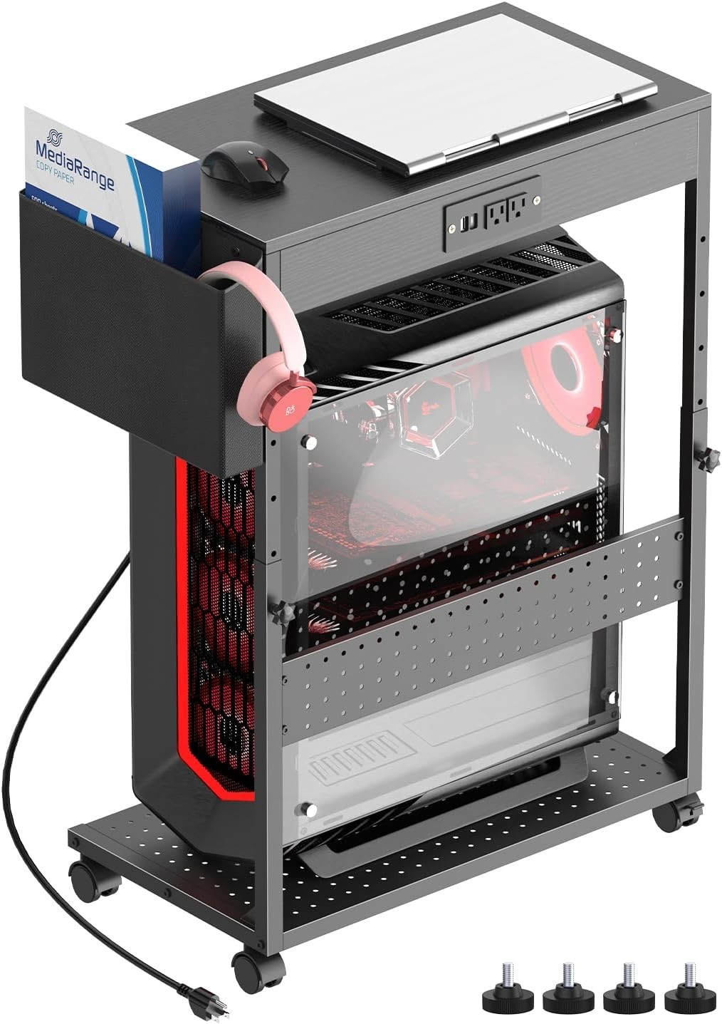PC Stand with Charge Station,Computer Tower Stand on Wheels, Black | Heavy-Duty