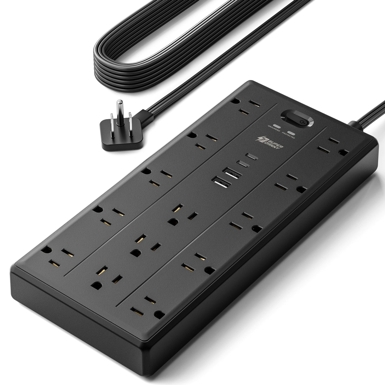 SUPERDANNY 10Ft Extension Cord Multiple Outlets Flat Plug Power Strip
