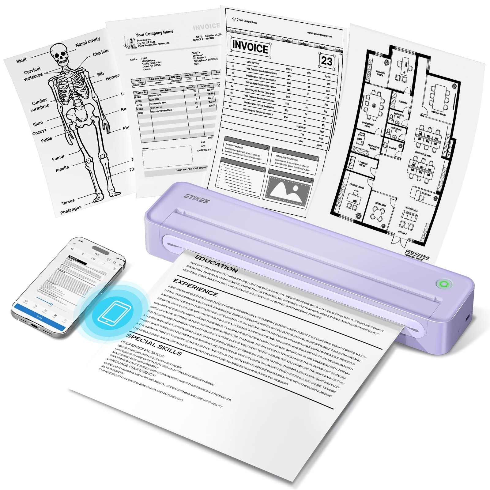D90E Inkless Portable Thermal Printer for Travel, Purple 1pack