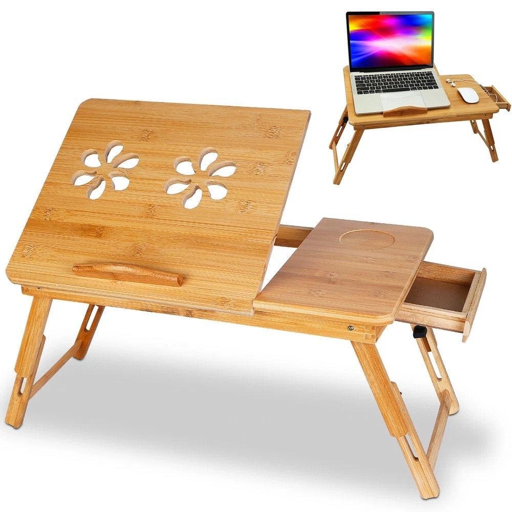 Bamboo Laptop Desk Adjustable Breakfast Serving Bed Tray Reading Writing Table