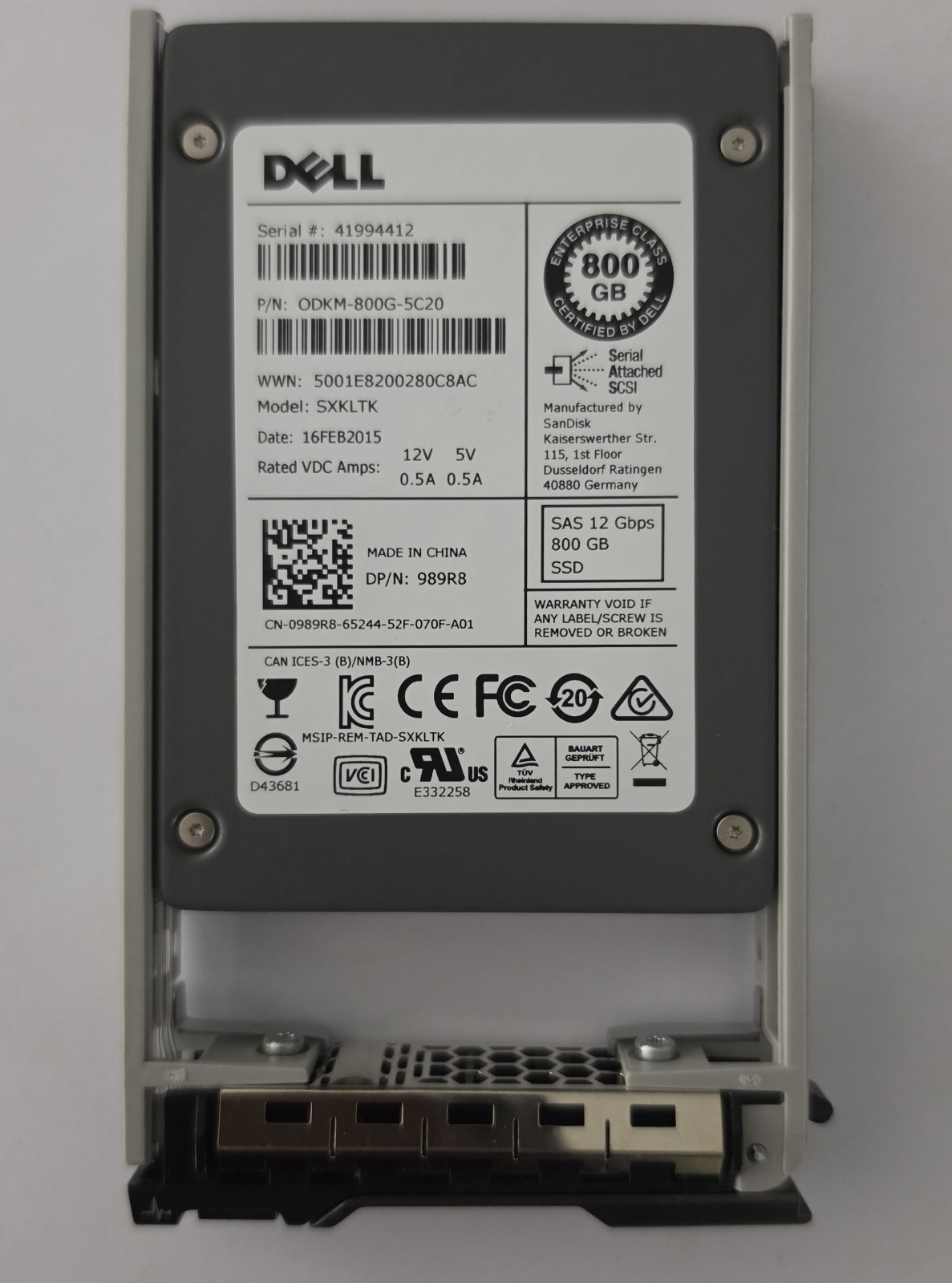 Dell 800GB 12Gbps SAS 2.5" Enterprise SSD (SanDisk SXKLTK) w/ Caddy - DP/N 989R8