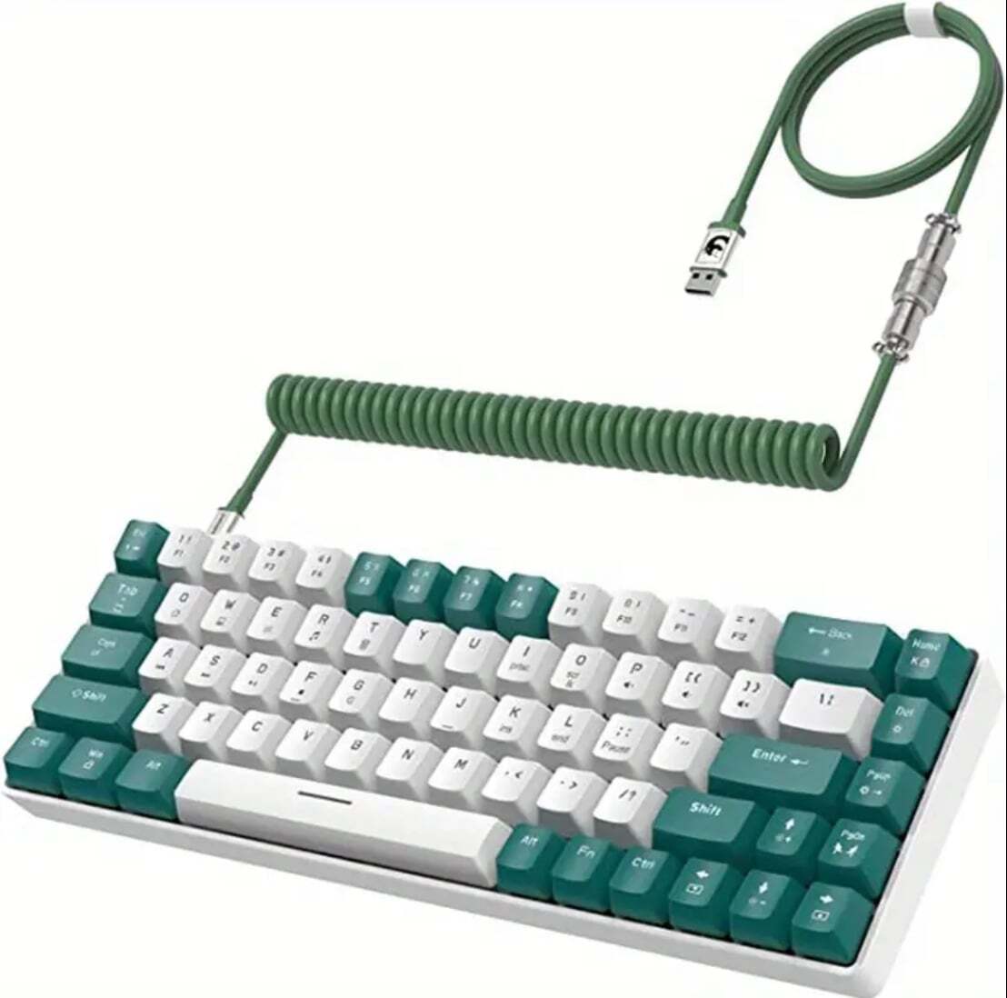 Green and White Mechanical Keyboard with Coiled Cable