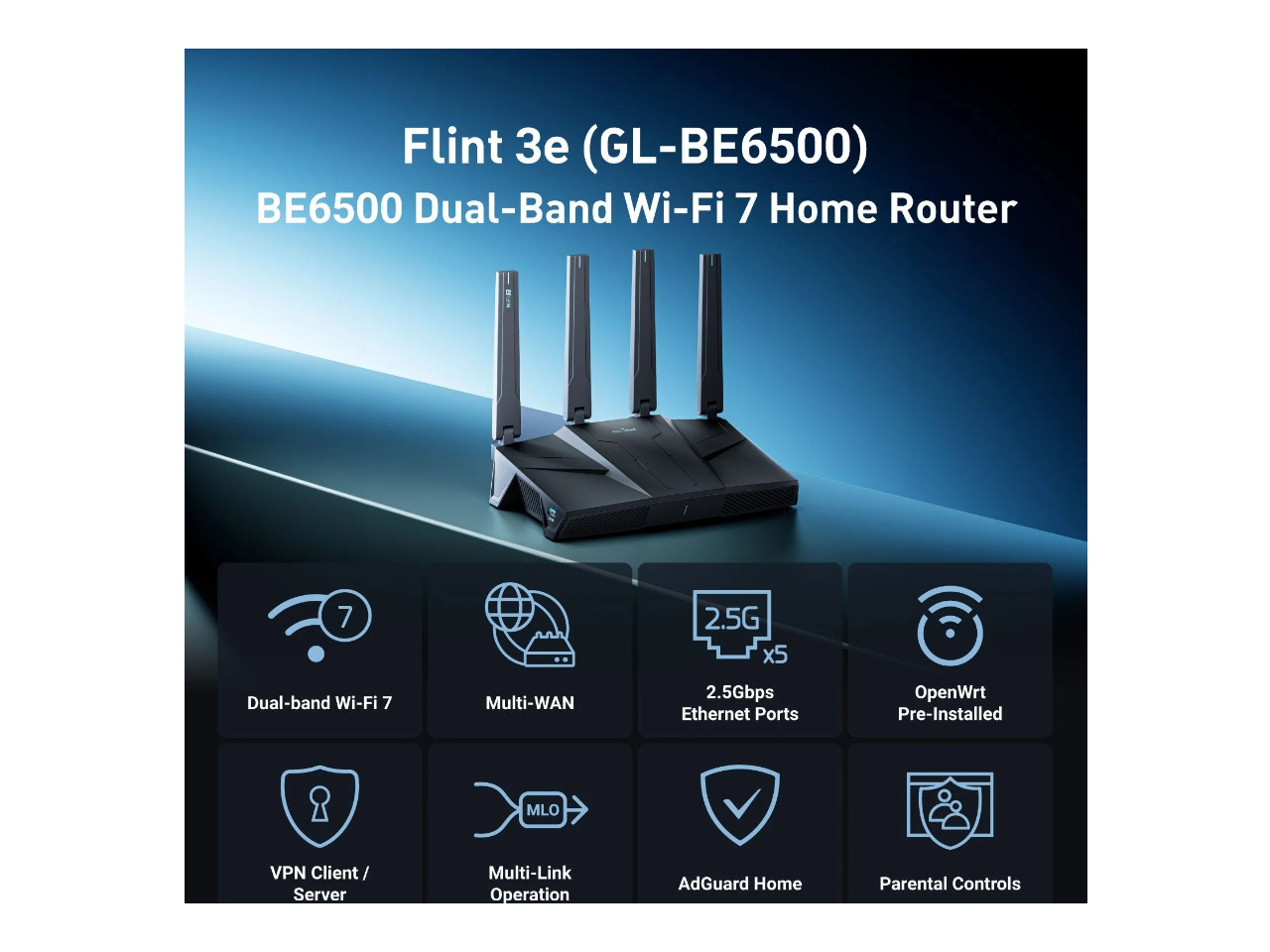 GL.iNet GL-BE6500 (Flint 3e) WiFi 7 Router, High-Speed WiFi Router for Wireless