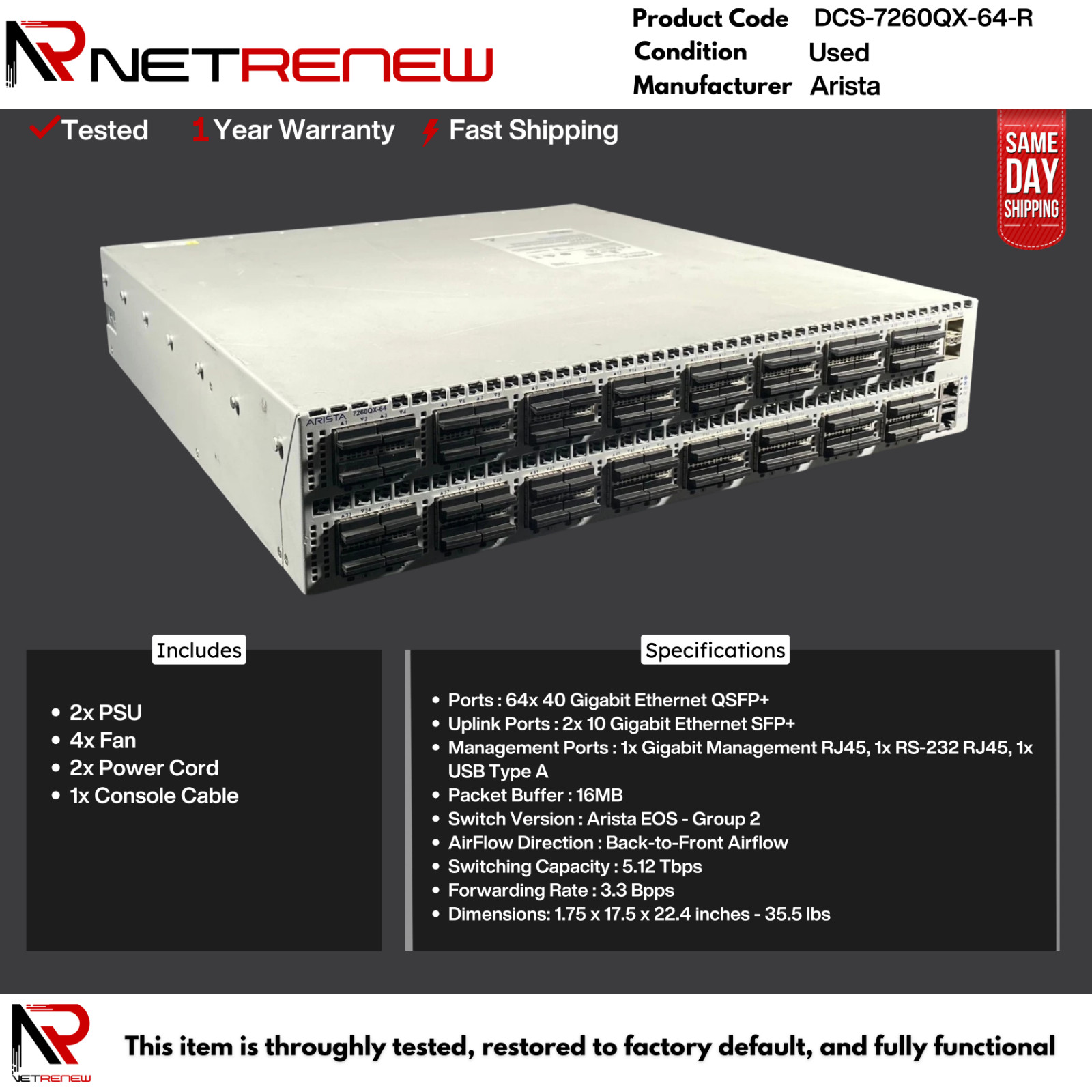 Arista DCS-7260QX-64-R 40GbE QSFP+ 64‑Port 2x SFP+ Network Ethernet Switch