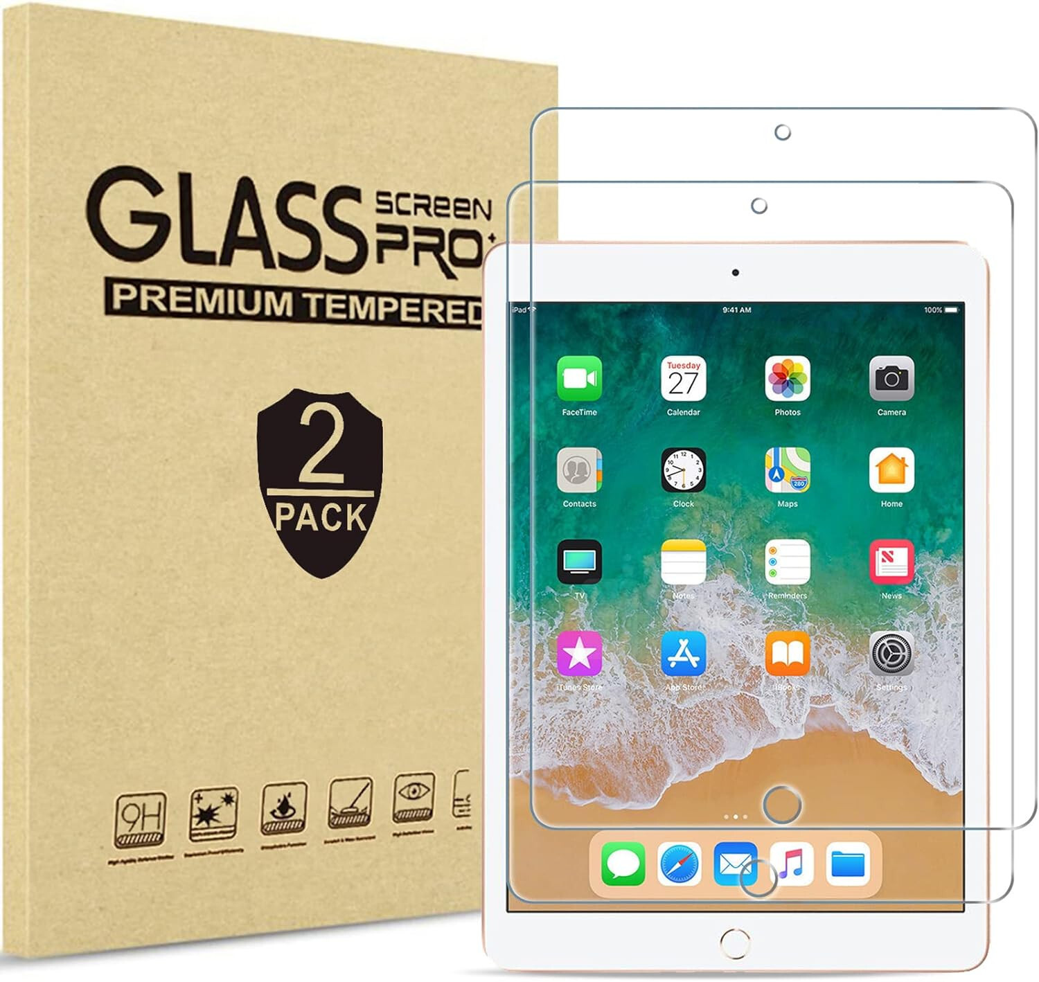 2 Pack For Apple iPad Air1 /2  iPad 5/6  Tempered Glass Screen Film Protectors