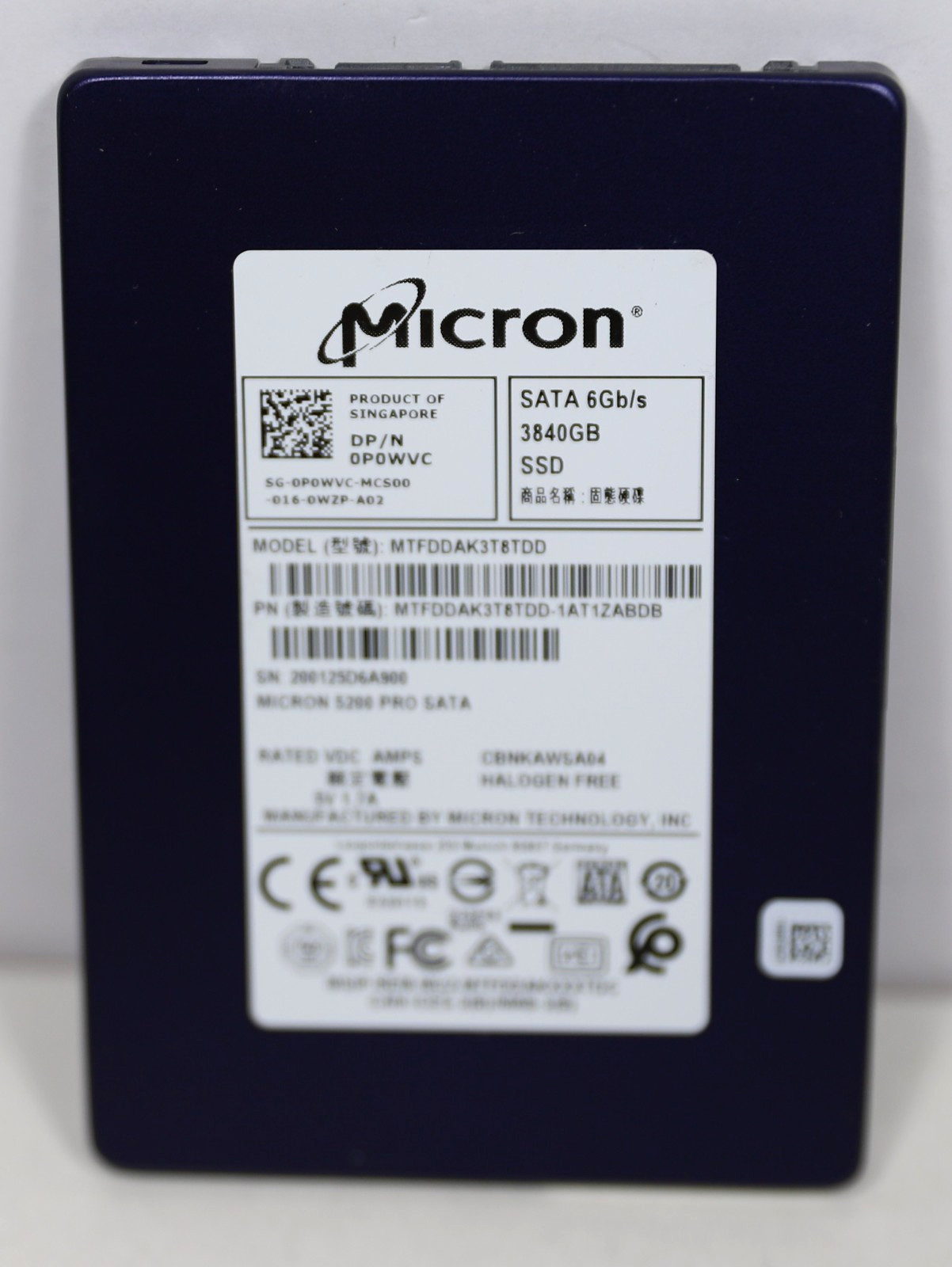 Micron 5200 PRO 3.84TB SATA 2.5" SSD MTFDDAK3T8TDD Dell P0WVC Enterprise