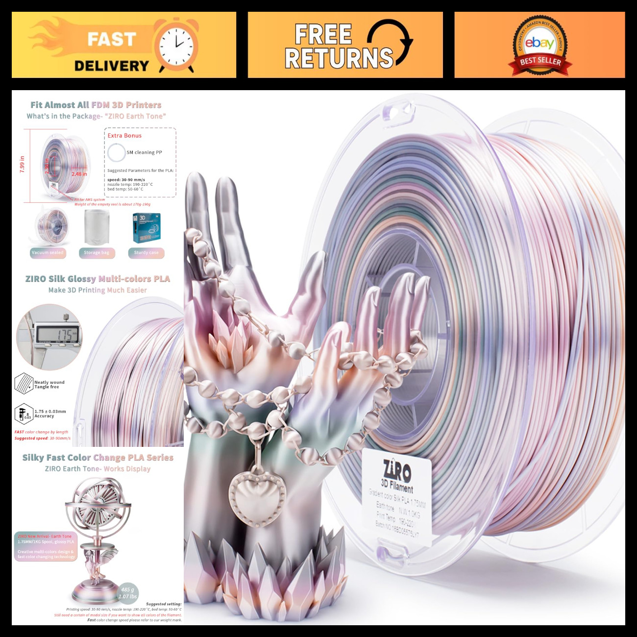 1KG PLA 3D Printer Filament - Fast Color Change Silk, Earth Tone, High Quality