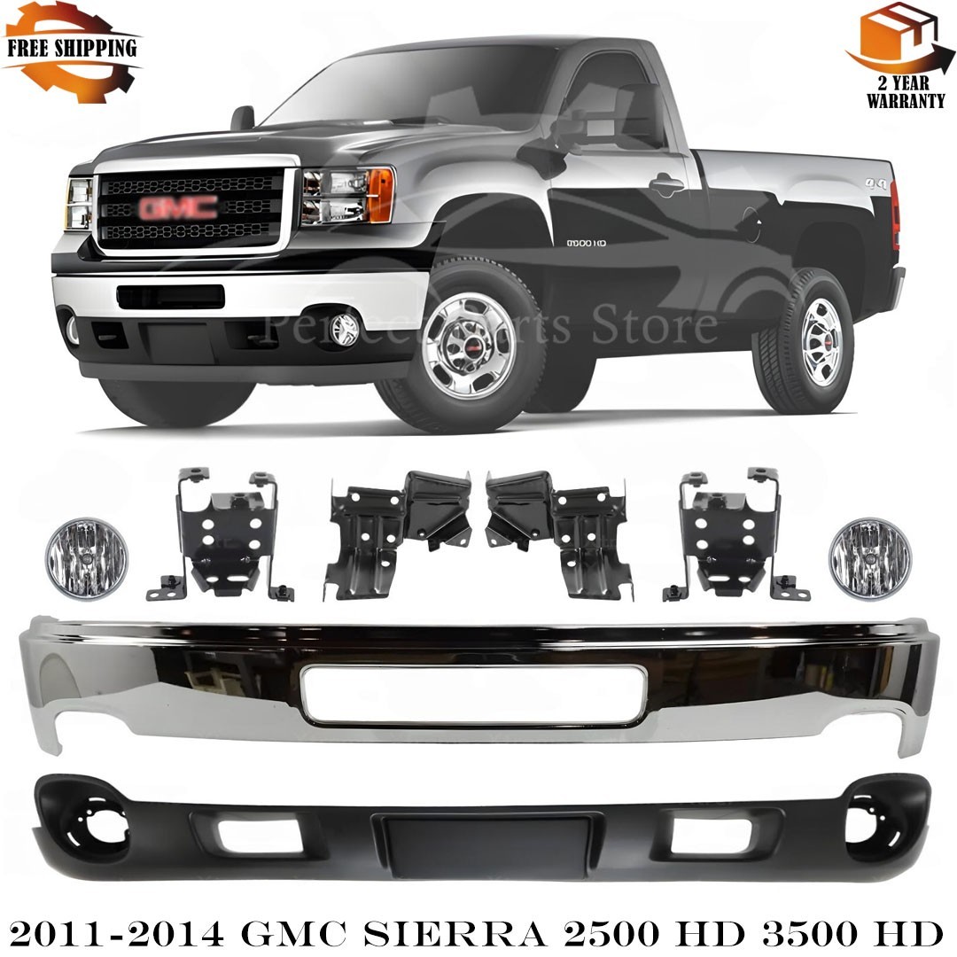 Front Bumper Chrome & Brackets Kit For 2011-2014 GMC Sierra 2500 HD & 3500 HD