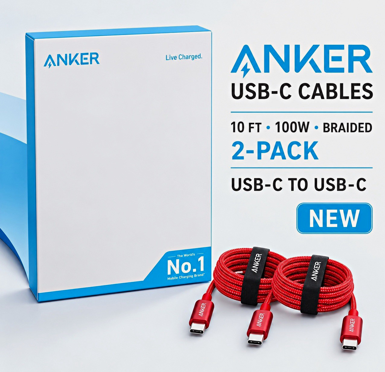 Anker USB-C to USB-C Cable 10 ft 100W Braided Red 2-Pack A8758