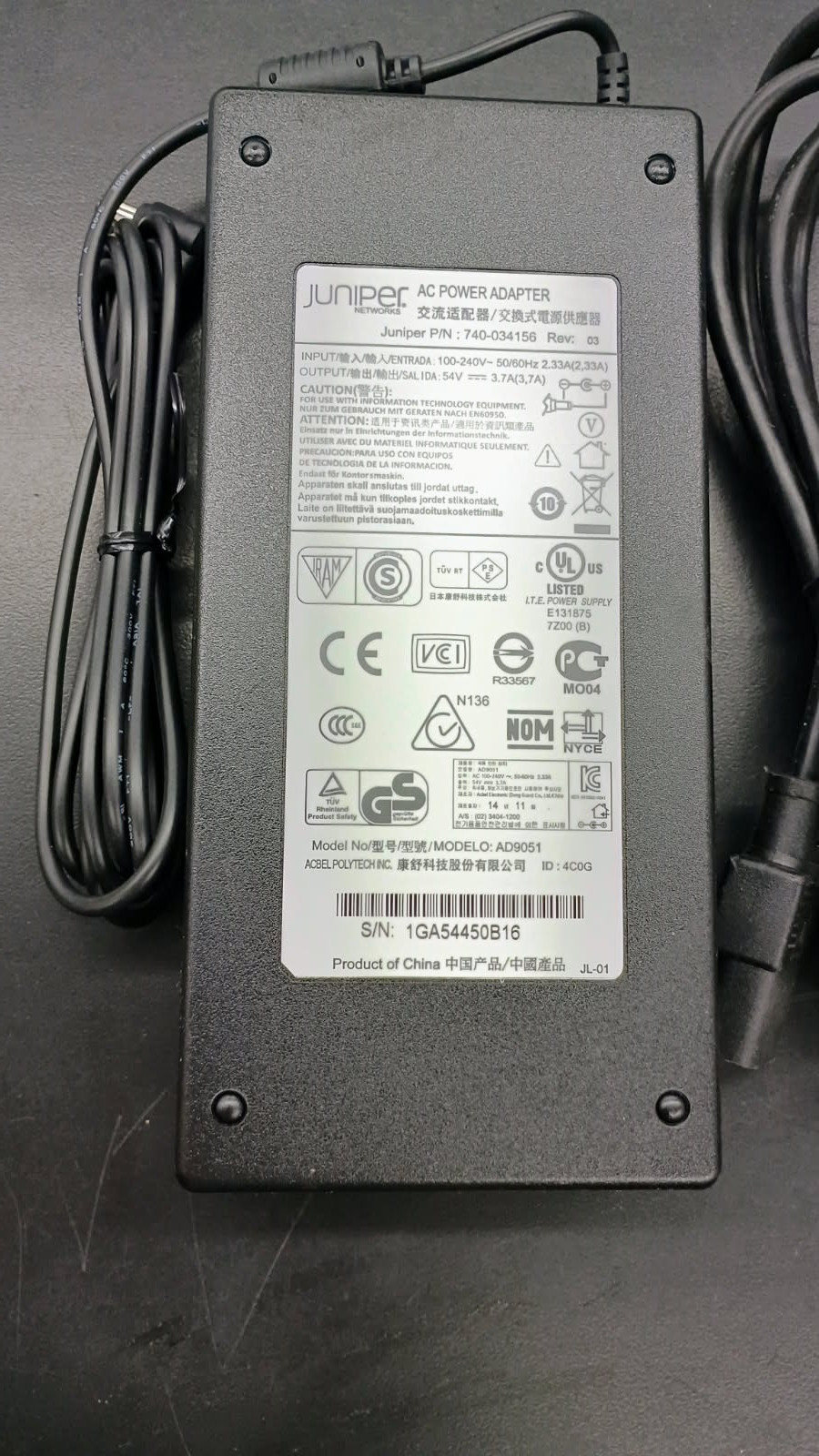 Juniper Networks 740-034156 54V AD9051 AC Power Adapter