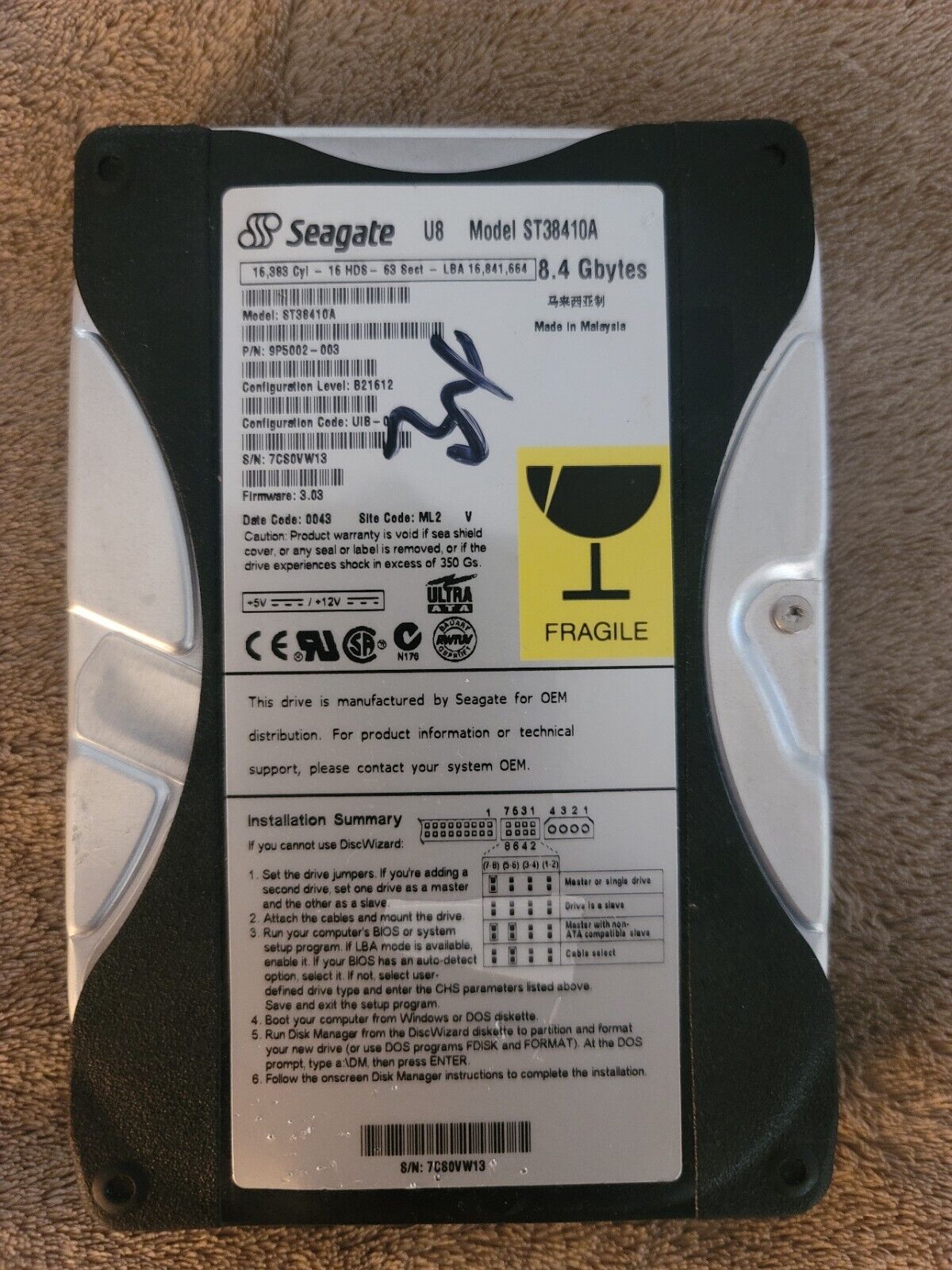 Seagate 8.4 GB Internal Hard Drive - Model ST38410A TESTED/WORKING