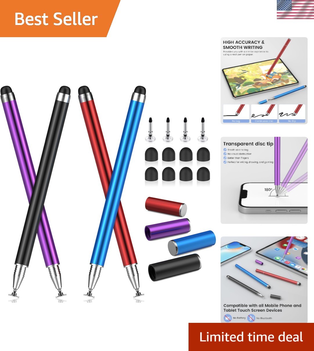 MEKO 4 Pack Stylus Pens for Touchscreens, 2-in-1 High Black/Blue/Purple/Red