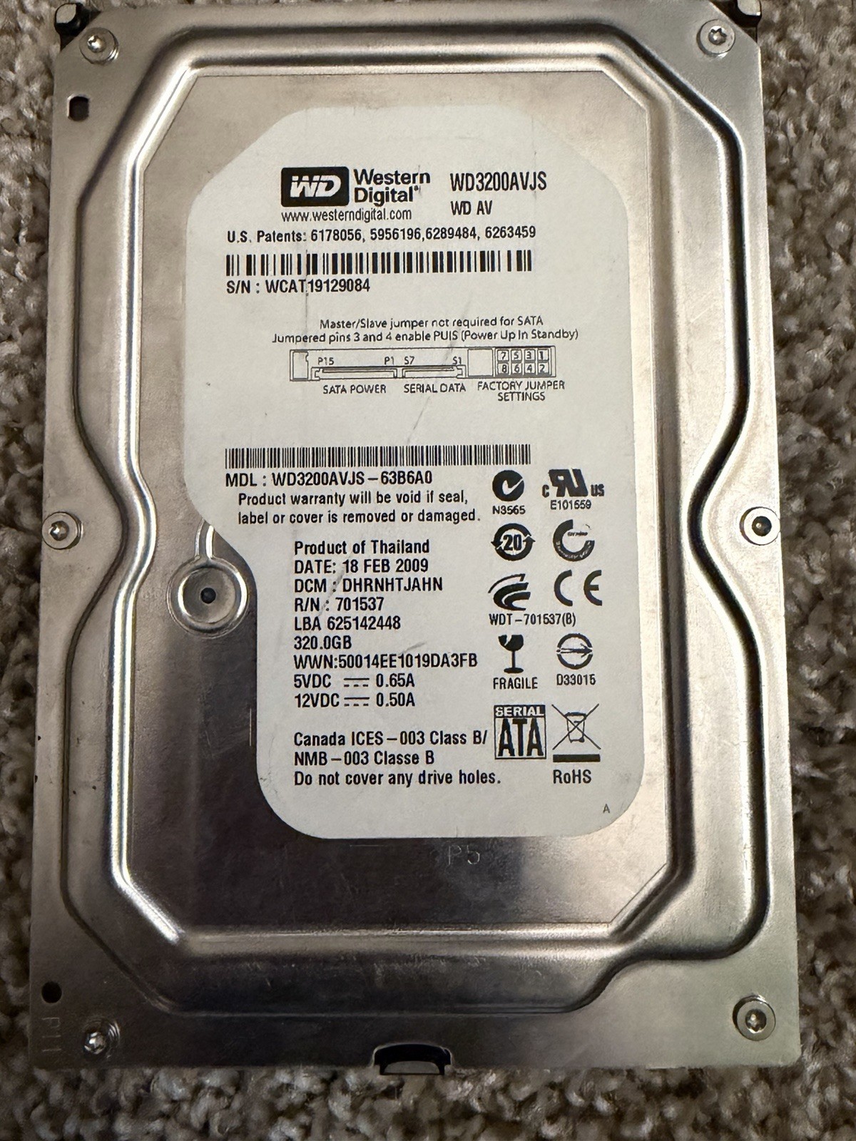 Western Digital WD3200AVJS-63B6A0 320GB 3.5” SATA HDD Hard Drive Untested