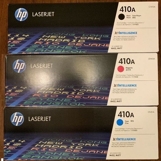 Set 3 GENUINE HP 410A Black Magenta Cyan TONERS OPEN BX OPEN TUB UNUSED (NO YEL)