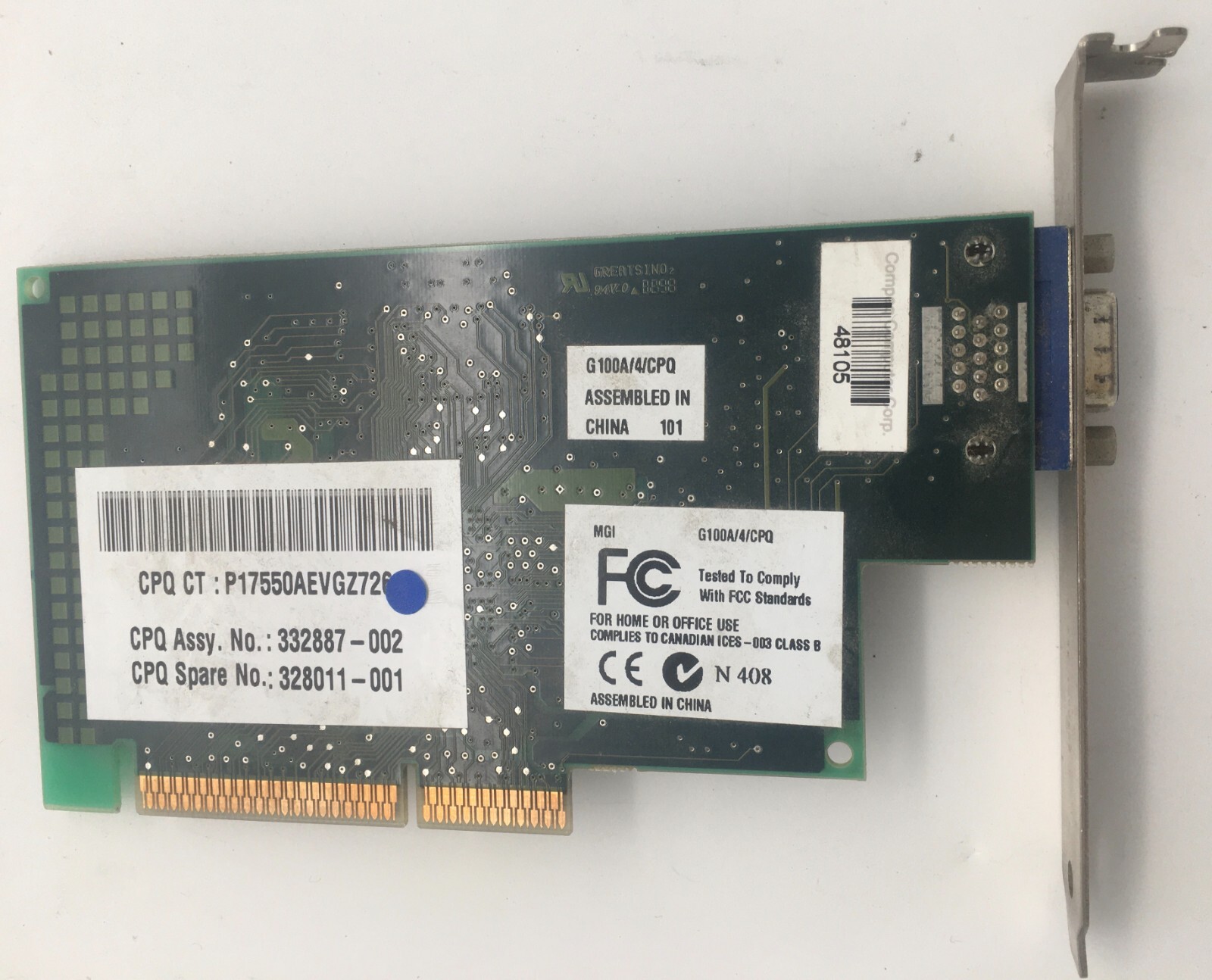 G100A/4/CPQ  MATROX G100A/4/CPQ 4MB AGP 332887-002, 328011-001  790-01 REV A