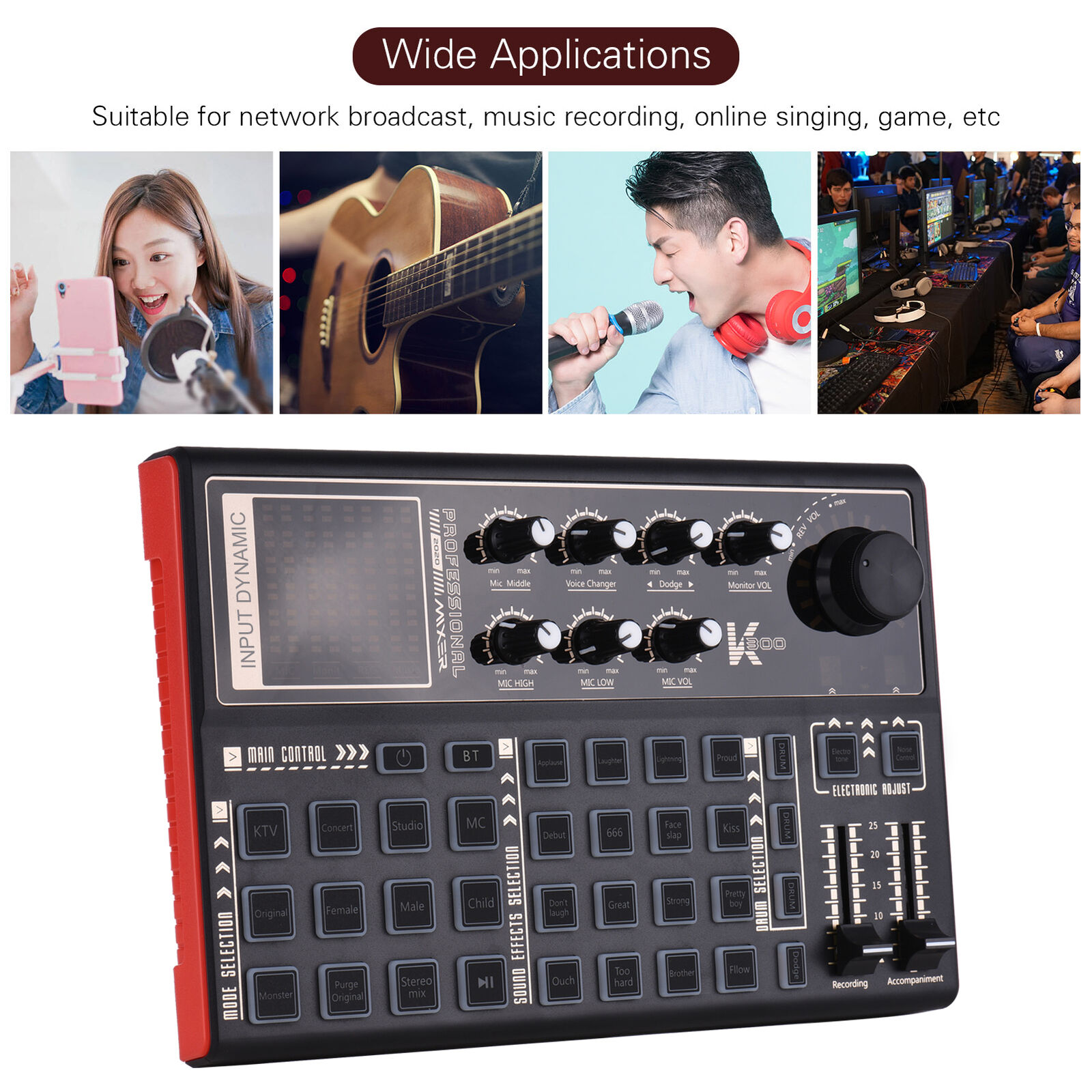 SK300 Live Sound Card External Voice Changer Audio Mixer for Live Streaming M6H1
