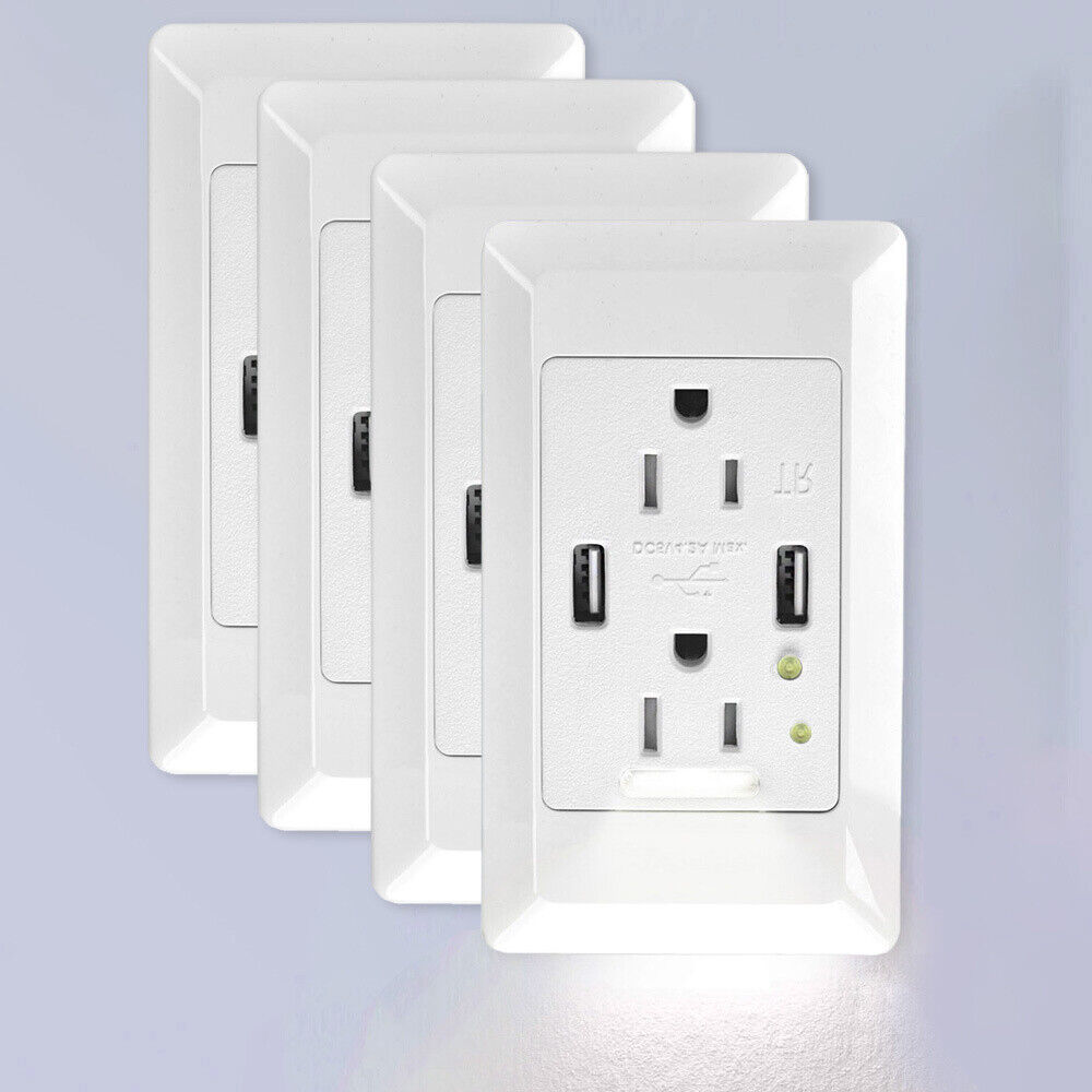4.2A USB Charger Wall Outlet Receptacle Night Lights Automatic On/Off Sensor 4PK